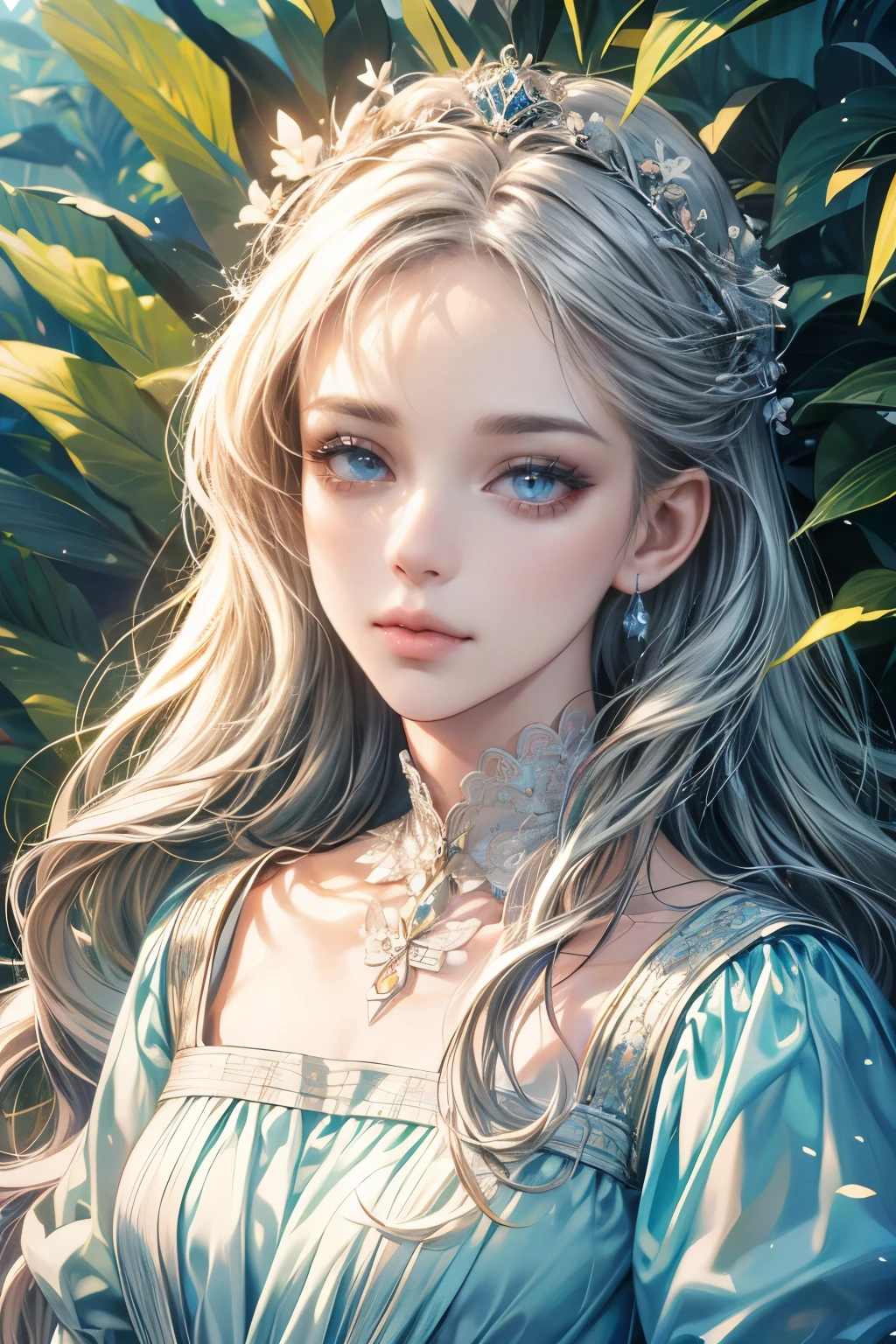 (best quality, 4k, 8k, highres, masterpiece:1.2), ultra-detailed, (realistic, photorealistic, photo-realistic:1.37), CG, upper body, one girl, alone, Thumbelina, little princess, blue taffeta court dress, forest background, intricate facial features, almond-shaped eyes, intricate eye makeup, long eyelashes, bright and clear large eyes with a starry gaze, detailed lip features, soft style