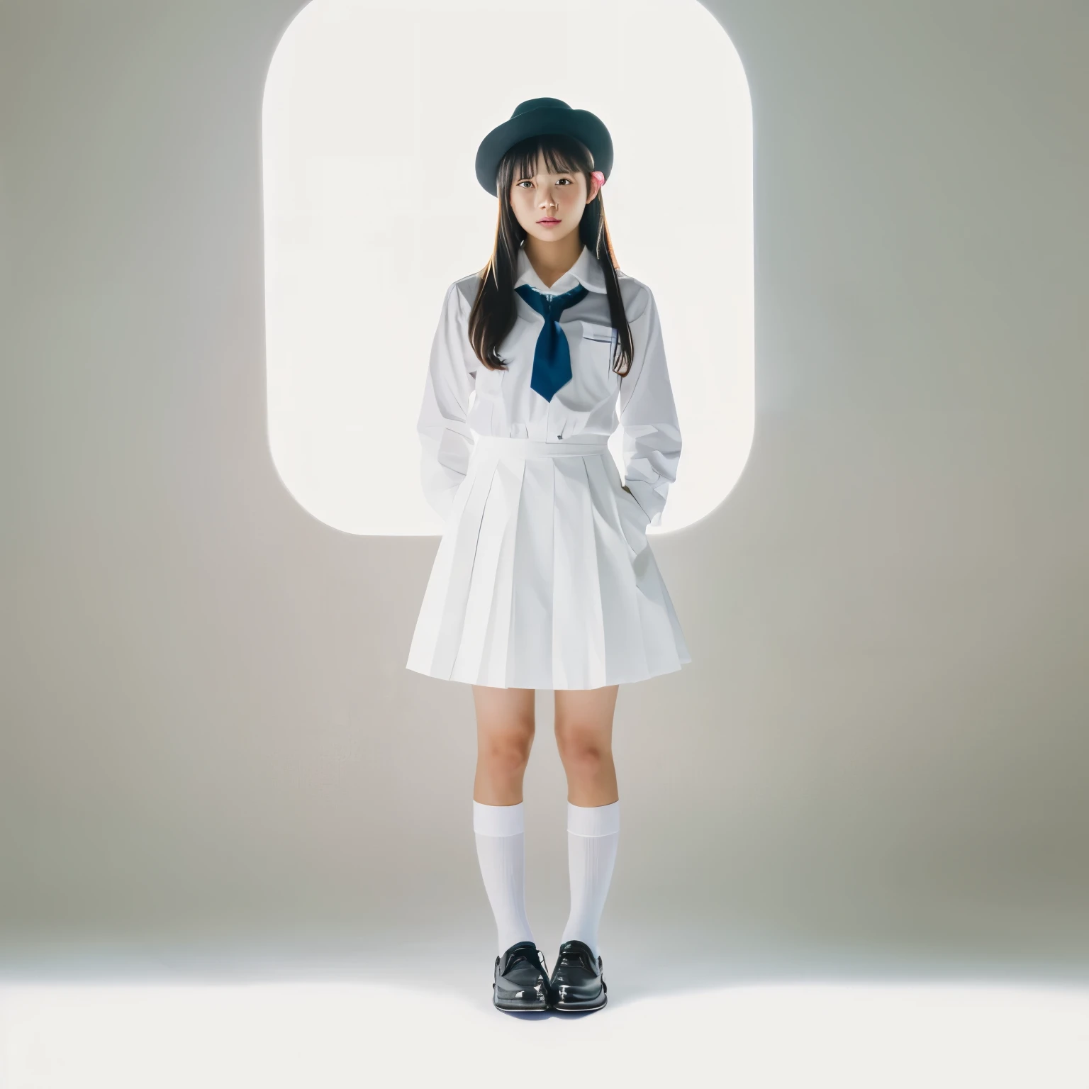 ((Best Quality, 8k, Masterpiece: 1.3)), Full Body,Top quality, one beautiful woman, japanese girl ,wearing high school girl uniform, 35mm lens, f/1, cowboy shot, (white background: 1.3),