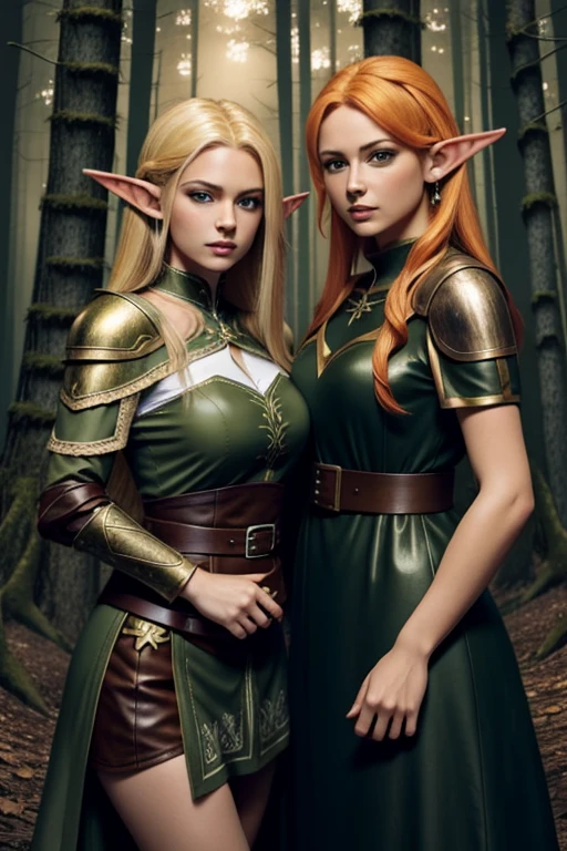 (masterpiece), best quality, expressive eyes, perfect face, two adventurer girls, ( 1 girl, elf ears, blond hair, green eyes, green dress, jewelry, magic user), ( 2 girl, elf ears, orange hair, brown eyes, leather armor, fighter) , magical forest background