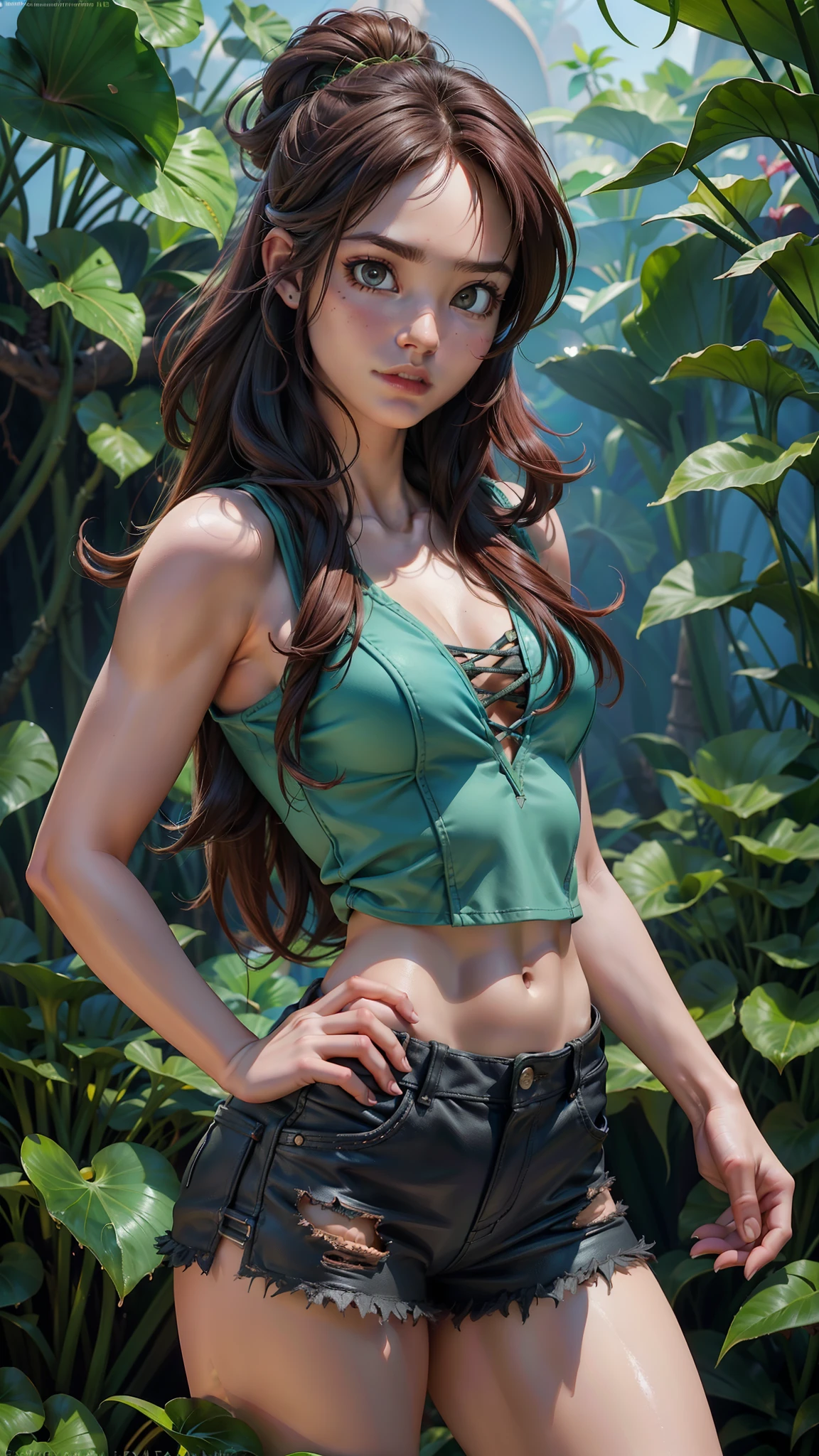 (La mejor calidad,A high resolution,Ultra - detallado,actual),  Lara Croft de Tomb Raider, ciudad en ruinas en la jungla, empapado,More detailed 8K.motor irreal:1.4,UHD,La mejor calidad:1.4, fotorrealista:1.4, textura de la piel:1.4, obra maestra:1.8,obra-prima, mejor calidad,objeto Objeto], (detailed face features:1.3),(Las proporciones correctas),(convexo Dedos detallados),(Ojos hermosos azules),(pose vaquero ), (background African jungle ruins carnivorous plants:1.4) ,(cabello trenza coleta) 
