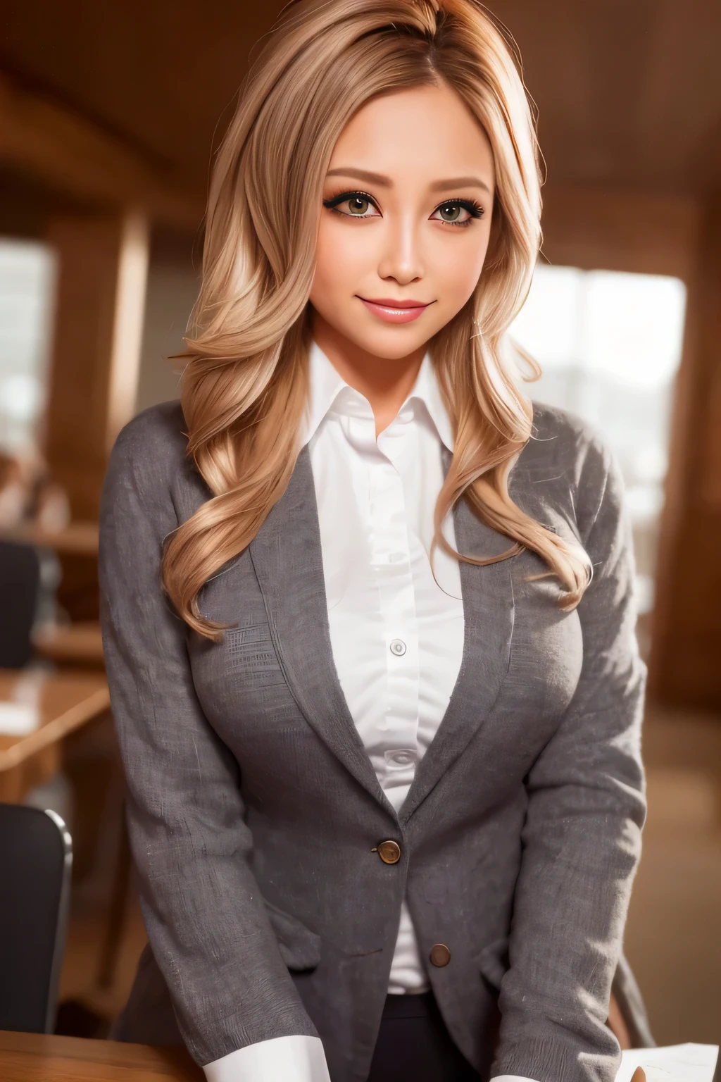 table top, highest quality, realistic, Super detailed, finely, High resolution, 8k wallpaper, 1 beautiful woman,, light brown messy hair, wearing a business suit, sharp focus, perfect dynamic composition, beautiful and detailed eyes, thin hair, Detailed realistic skin texture, smile, close-up portrait, model body shape