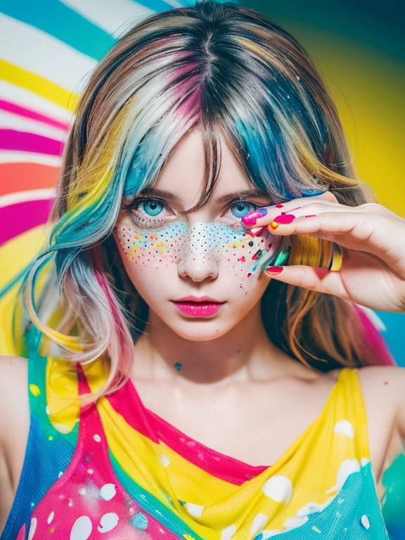 (((masterpiece))),(((highest quality))),((super detailed)),(figure),(dynamic angle), ((floating)),(paint),((messy hair)), (alone),(1 girl), ((small_chest)), (((Detailed anima face))),((beautiful detailed face)),collar,bare shoulders,  gray hair, ((colorful hair)),((striped hair)), beautiful and fine eyes,(Gradient color eyes),(((colorful eyes))), (((colorful background))),(((high color saturation))),(((Surrounded by colorful splashes))),(((surrounded by colorful dot))),colorful bubble,((shining))