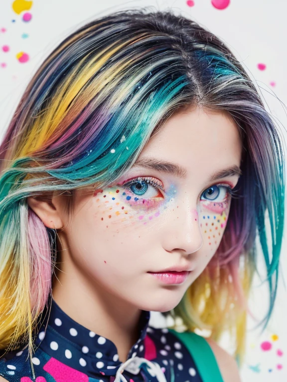 (((masterpiece))),(((highest quality))),((super detailed)),(figure),(dynamic angle), ((floating)),(paint),((messy hair)), (alone),(1 girl), ((small_chest)), (((Detailed anima face))),((beautiful detailed face)),collar,bare shoulders,  gray hair, ((colorful hair)),((striped hair)), beautiful and fine eyes,(Gradient color eyes),(((colorful eyes))), (((colorful background))),(((high color saturation))),(((Surrounded by colorful splashes))),(((surrounded by colorful dot))),colorful bubble,((shining))