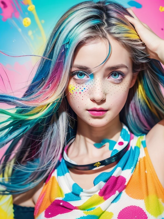 (((masterpiece))),(((highest quality))),((super detailed)),(figure),(dynamic angle), ((floating)),(paint),((messy hair)), (alone),(1 girl), ((small_chest)), (((Detailed anima face))),((beautiful detailed face)),collar,bare shoulders,  gray hair, ((colorful hair)),((striped hair)), beautiful and fine eyes,(Gradient color eyes),(((colorful eyes))), (((colorful background))),(((high color saturation))),(((Surrounded by colorful splashes))),(((surrounded by colorful dot))),colorful bubble,((shining))