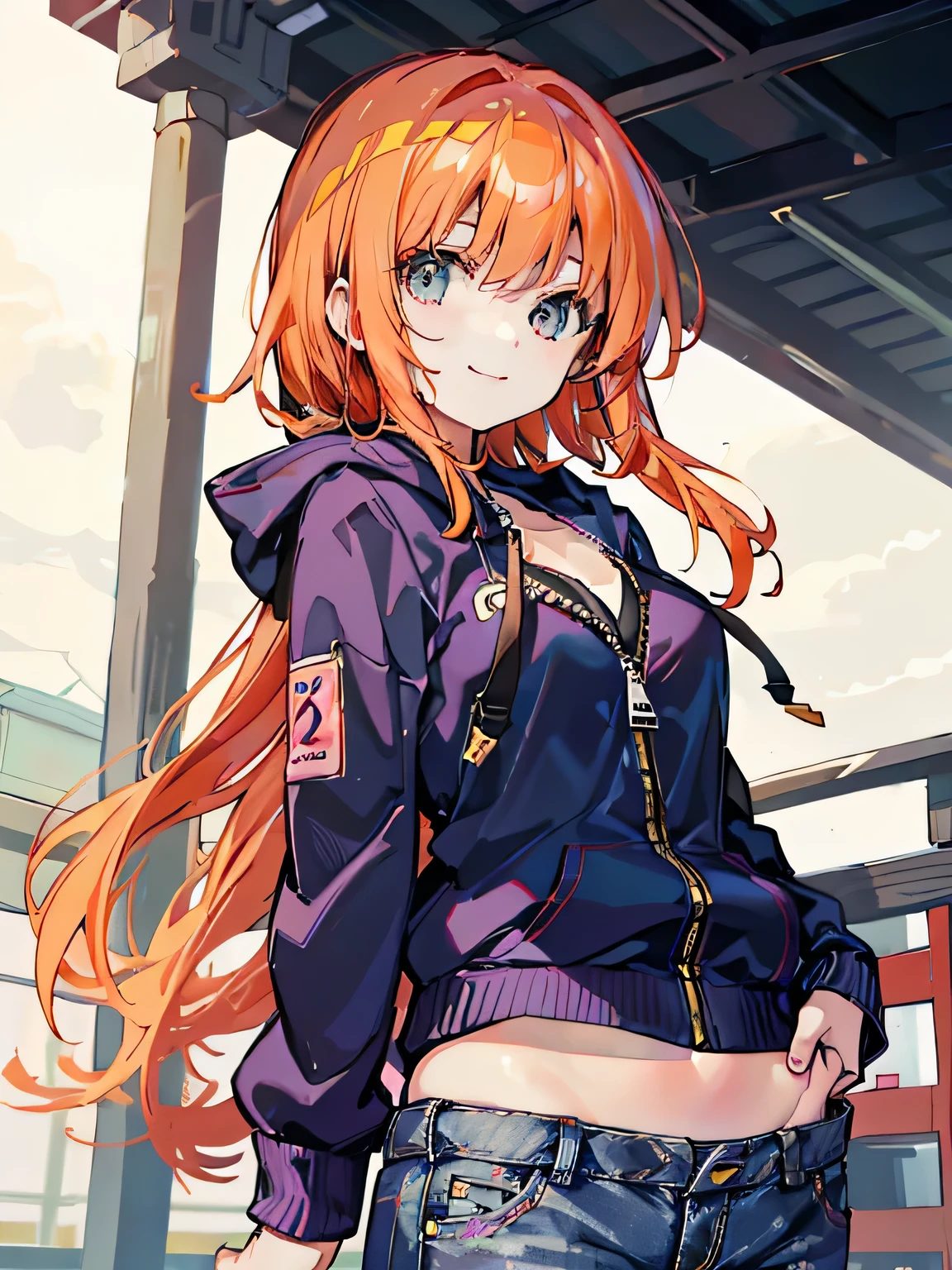 Beautiful woman Japanese 20generation semi-long orange hair Navy color zip hoodie that closes halfway. jeans bikini smile