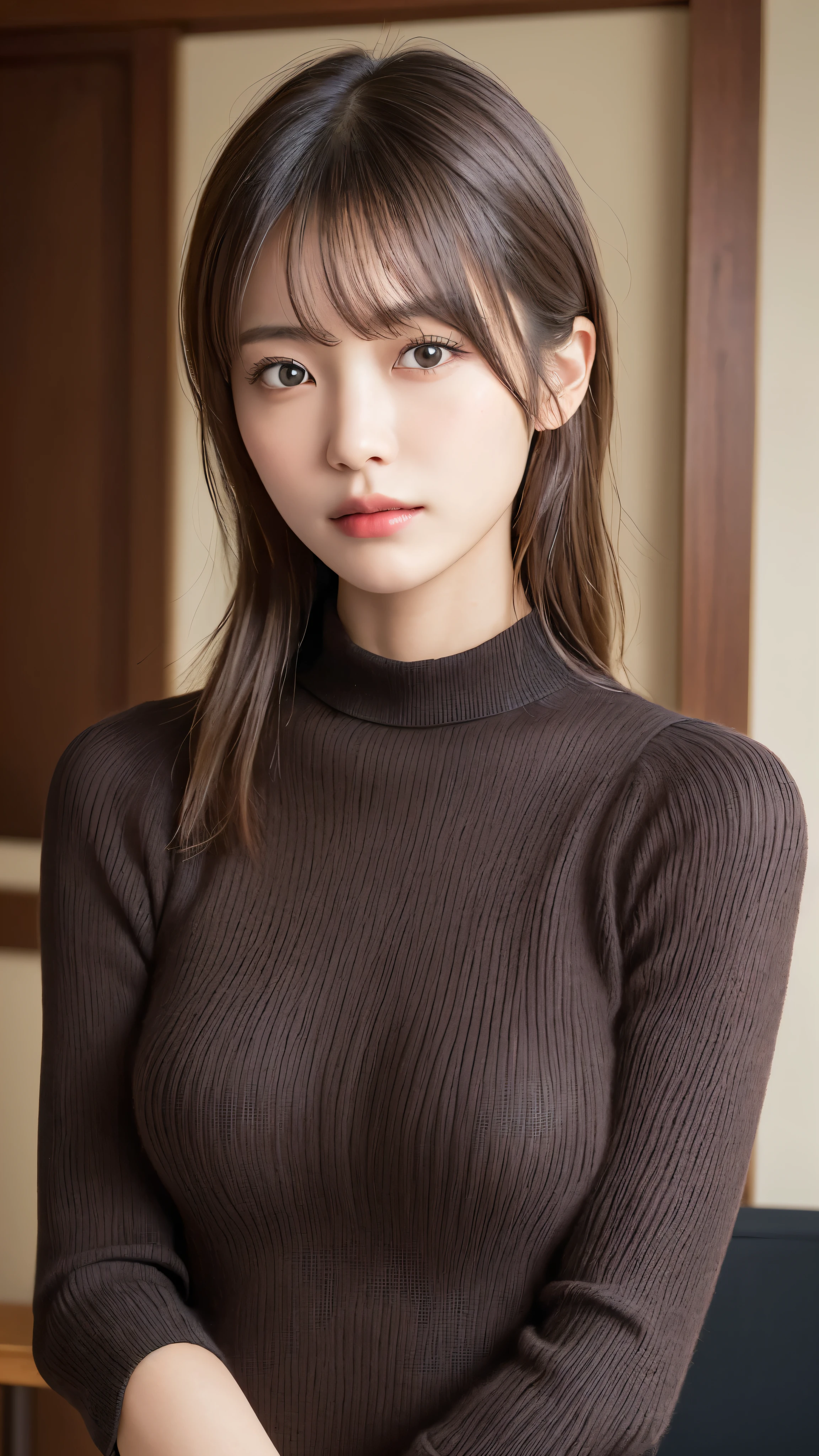 (highest quality, masterpiece, ultra high resolution ,realistic:1.4),(Portrait of a gravure idol),(Beautiful Japanese woman wearing a black turtleneck knit sweater dress ),indoor, whole body, thin abs, fine skin, super detailed face, fine eyes, highly detailed lips, perfect anatomy, dark brown hair, Natural light, bright background