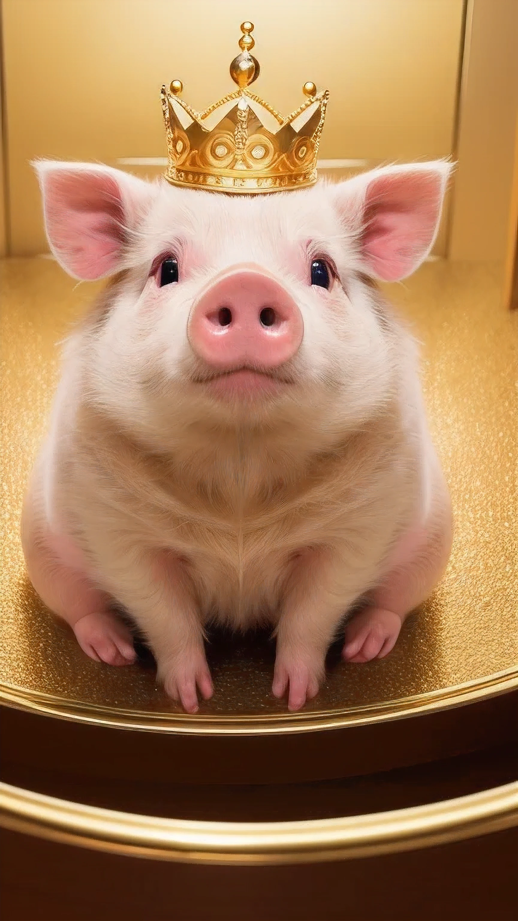 masterpiece, best quality, 8k, 4k, pig with a golden crown, Cute pig, ((front viewing)), ((front face)), look at the front, smile, cuty pig, golden clothes, golden color background, gold background, 1 pig, center of photo, golden clothesを着た, sitting, gold necklace, gorgeous collar, gold pattern on body