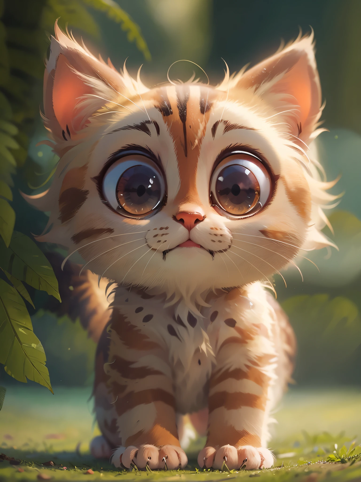 Front view of a cute kitten,close up, Pixar style, best quality, stills, very cute, big eyes, sunny,Very happy, (masterpiece: 1.2) (actual: 1.2) (Bokeh) (best quality) (delicate skin: 1.3) (intricate details) (8k) (exquisite eyes) (sharp focus), (happy),