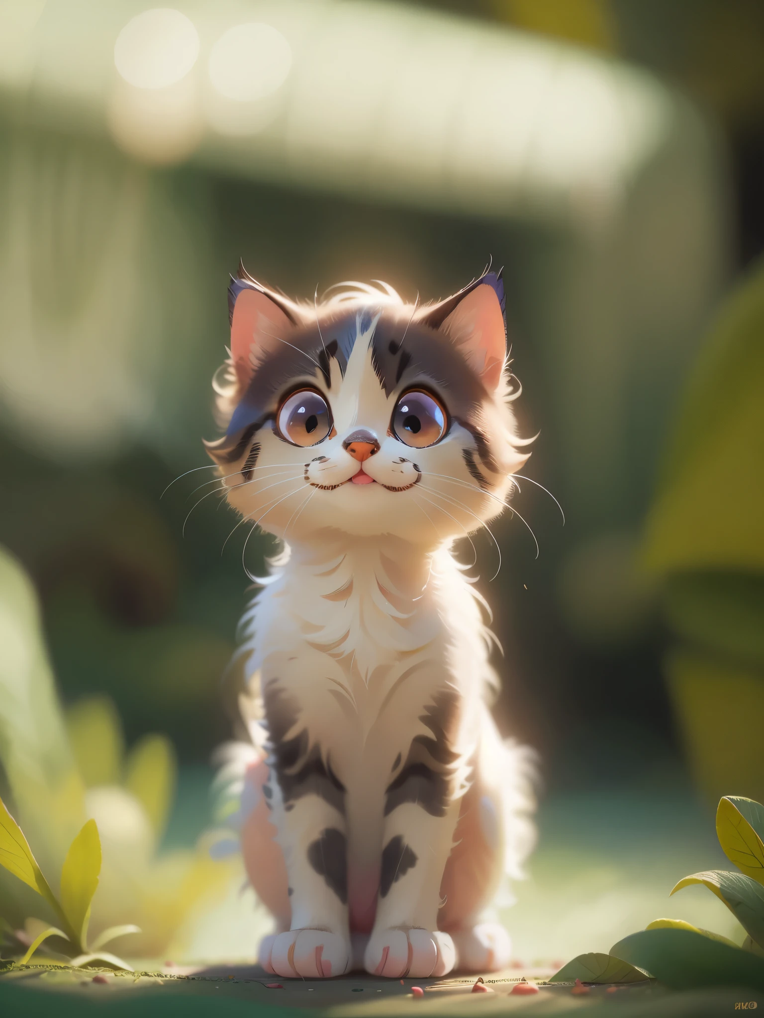 Front view of a cute kitten，close up, Pixar style, best quality, stills, very cute, big eyes,  sunny，Very happy， (masterpiece: 1.2) (actual: 1.2) (Bokeh) (best quality) (delicate skin: 1.3) (intricate details) (8k) (exquisite eyes) (sharp focus), (happy)，