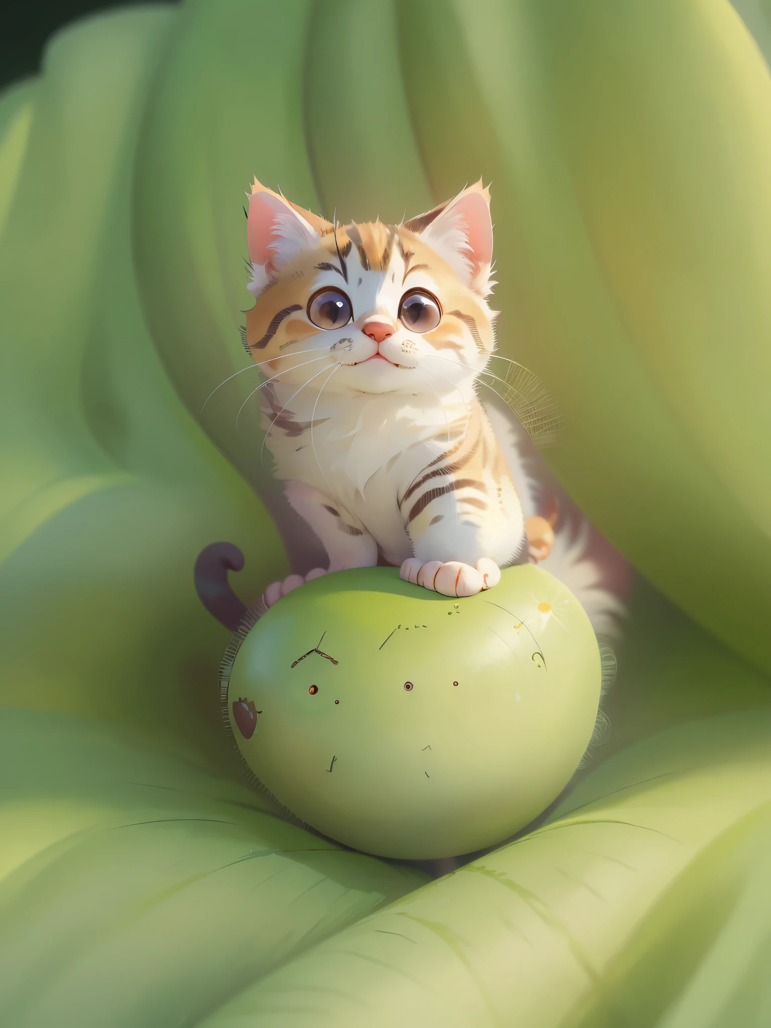 Front view of a cute kitten,close up, Pixar style, best quality, stills, very cute, big eyes, sunny,Very happy, (masterpiece: 1.2) (actual: 1.2) (Bokeh) (best quality) (delicate skin: 1.3) (intricate details) (8k) (exquisite eyes) (sharp focus), (happy),