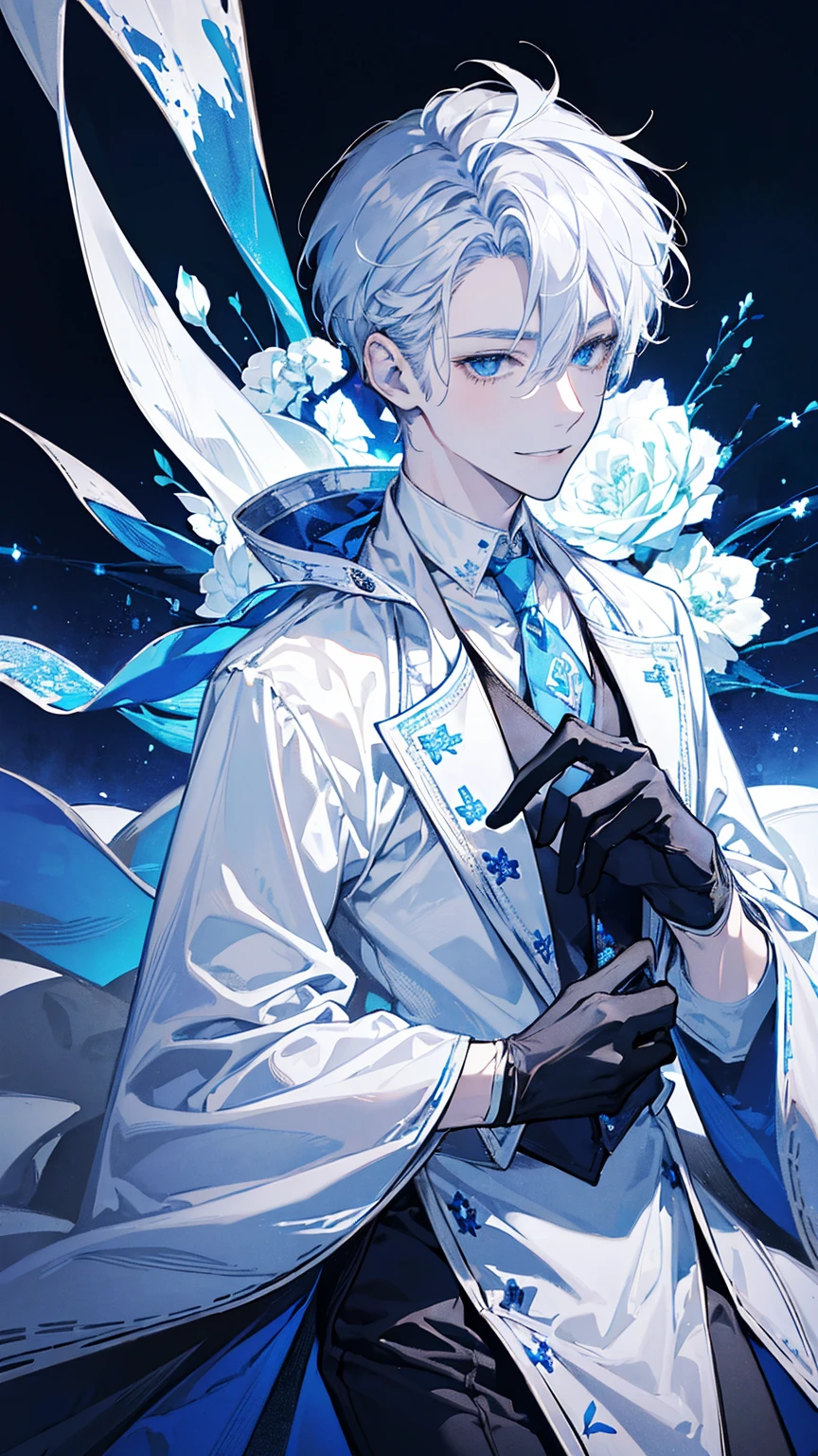 ung man,solo, sitting,male photo,confident smile, silver hair, ((short hair)), (short sideburns),light blue eyes, slant eyes,anatomically correct,blue ribbon tie,((black gloves)),((white cloak)),black suit,beautiful japanese style background,best quality, high quality,masterpiece, 8K 