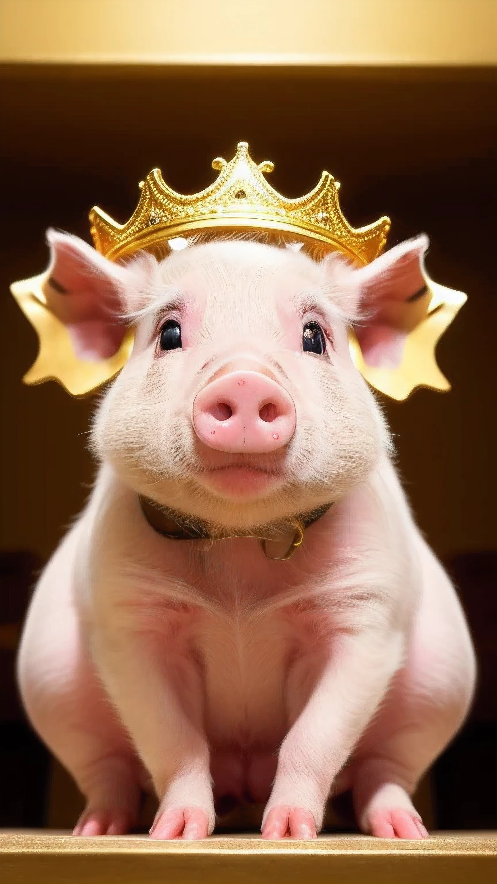 masterpiece, best quality, 8k, 4k, pig with a golden crown, Cute pig, ((front viewing)), ((front face)), look at the front, smile, cuty pig, golden clothes, golden color background, gold background, 1 pig, center of photo, golden clothesを着た,　sitting