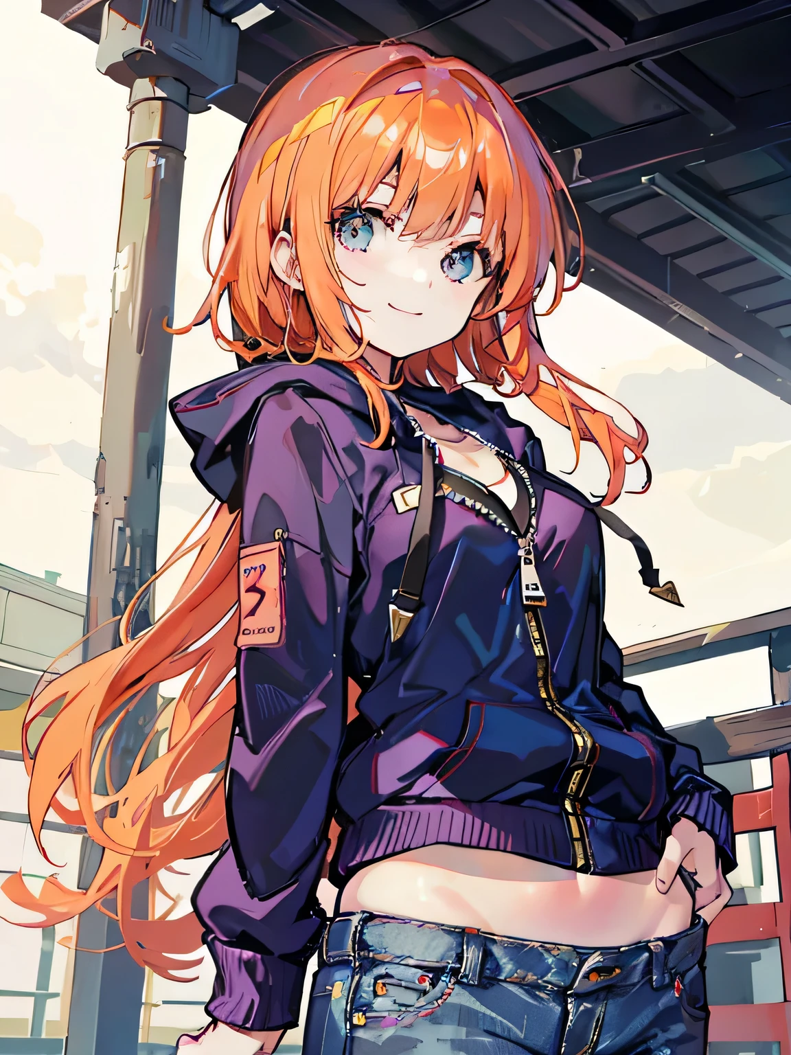 Beautiful woman Japanese 20generation semi-long orange hair Navy color zip hoodie that closes halfway. jeans bikini smile front stop temporarily