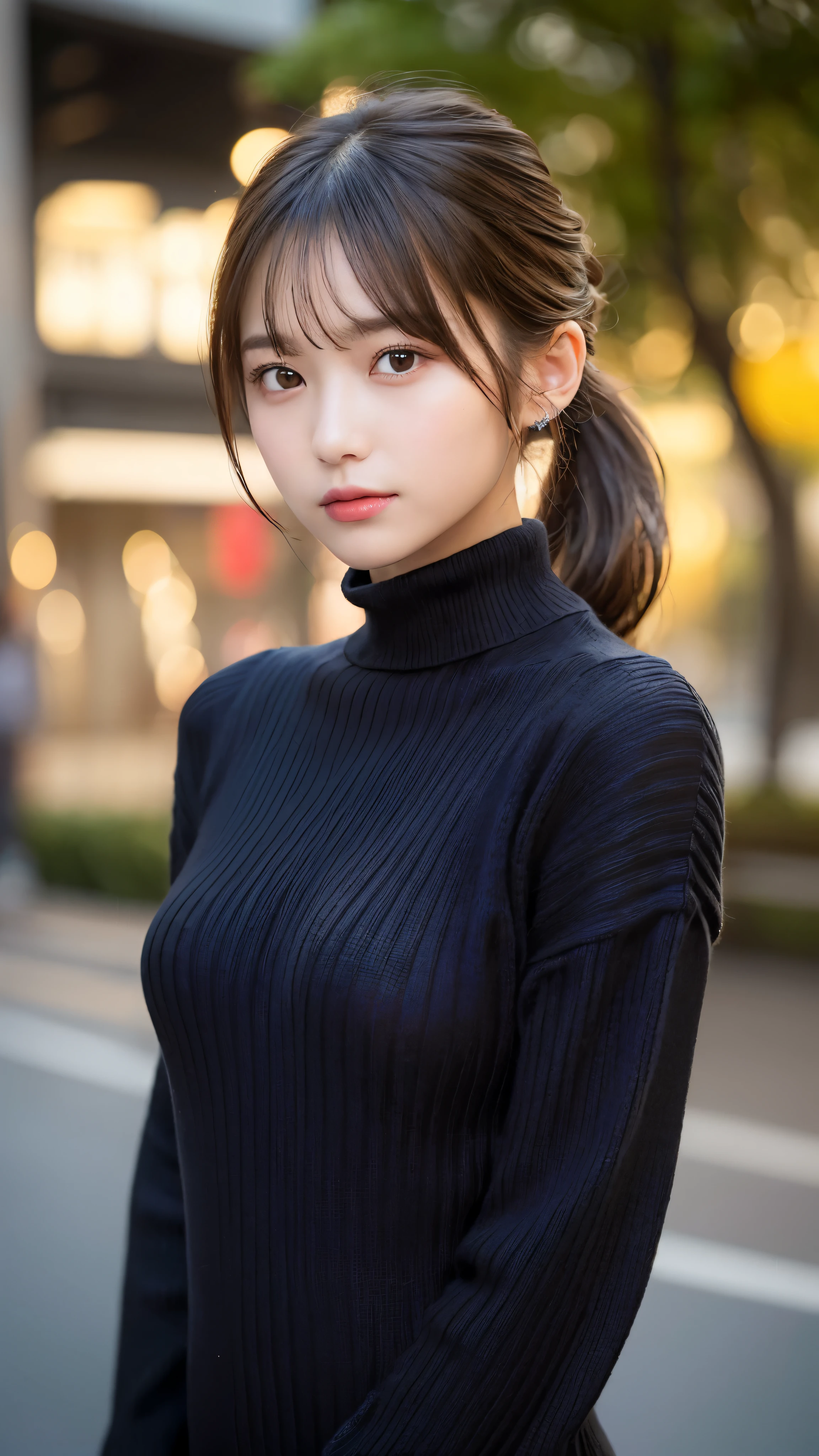(masterpiece:1.5)、(realistic:1.5)、(highest quality:1.4、8K、RAW photo)、
ultra high resolution、professional lighting、perfect dynamic composition、Shooting outdoors、Photograph the upper body、
film grain、chromatic aberration、(Bokeh:1.1)、blur the background、
Frank、Sophisticated、charm、超realistic、high detail、golden ratio、perfect anatomy、
(1 girl)、slender girl、繊細でcharm女の子、cute woman:1.4、
serious expression、looking at the viewer、
light brown hair、shining hair、(Hair style is ponytail)、
skin that looks real、
close your mouth、fine eyes、double eyelid、thin arms、、
(She is wearing a black turtleneck knit sweater dress.:1.4)