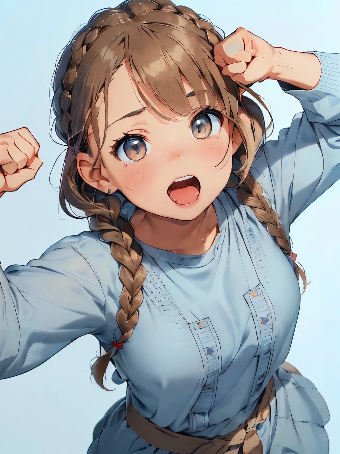 ((light brown hair)),((brown eyes)),((Braided shorthair)),((With bangs)),((fashion//Casual American coordinate:1.3)),((🇺🇸:1.25)),((light blue dull background:1.35)),(blush),((screaming:1.2)),(close up of face:1.3),((look up:1.5)),((Angle from directly above:1.4)),((Raise your arms high and do a fist pump:1.4))