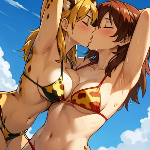 Female, cheetah-human, armpit-hair, bikini, wet, milf, french kissing