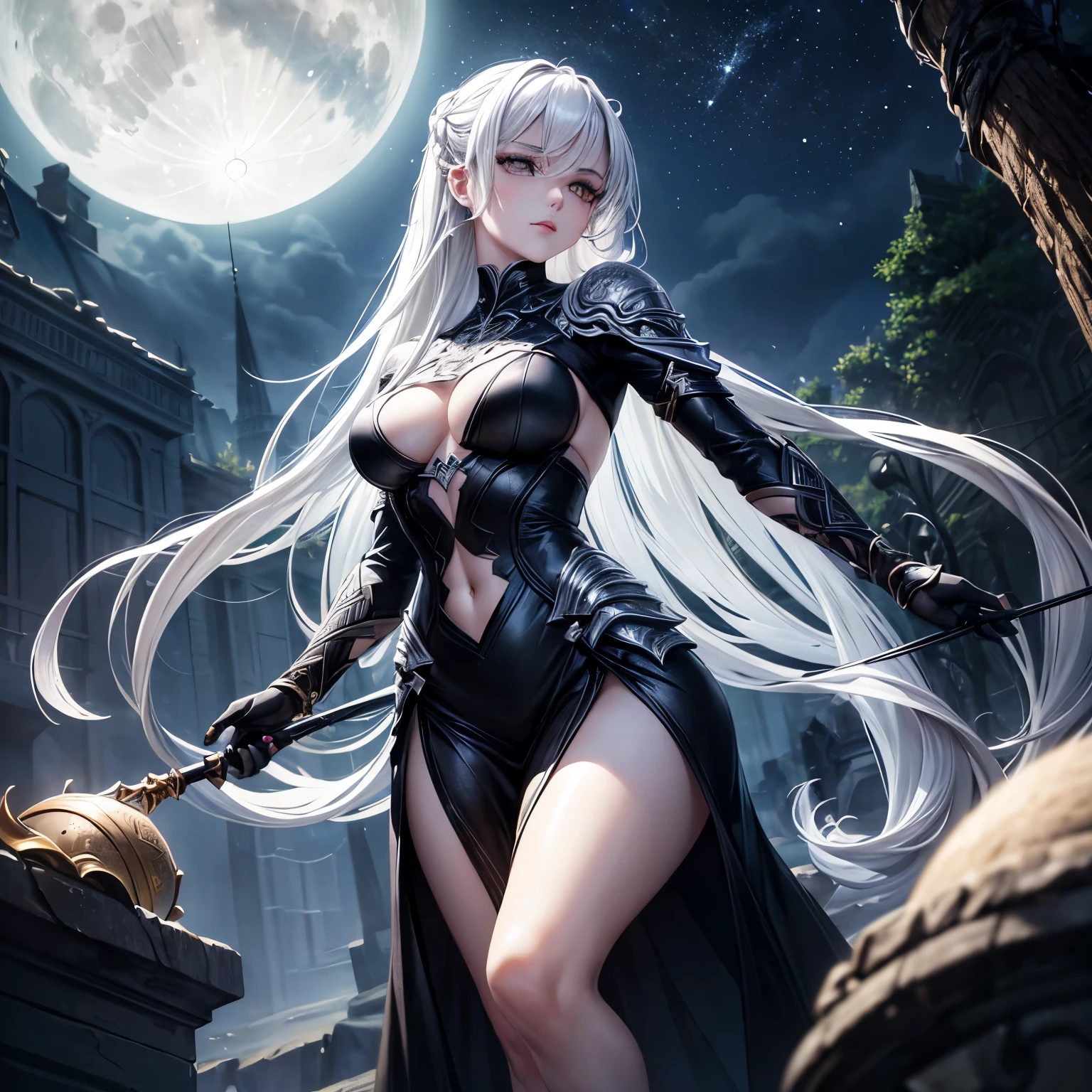 (bestselling, high-resolution, photo-realistic) Female kor dnd, (beautifully detailed, long, white, braided) hair, 5'10inches tall, (athletic, strong) body built, (full coverage, sleek, stealthy) assassin black colored outfit, (intensely captivating, pale yellow) eyes, (unique, gray) skin color. (Vividly portrayed, intricate) tattoos cover her arms and legs, adding an element of mystery to her appearance. She stands in a (majestic, moonlit) garden, surrounded by (magnificent, towering) trees adorned with glowing orbs. Soft moonlight illuminates the scene, casting (subtle, ethereal) shadows on the ground. Make sure her skin is clearly gray colored and not pale or white. Her skin is covered in the black outfit. She is beautiful but not showing off her sexual aspects