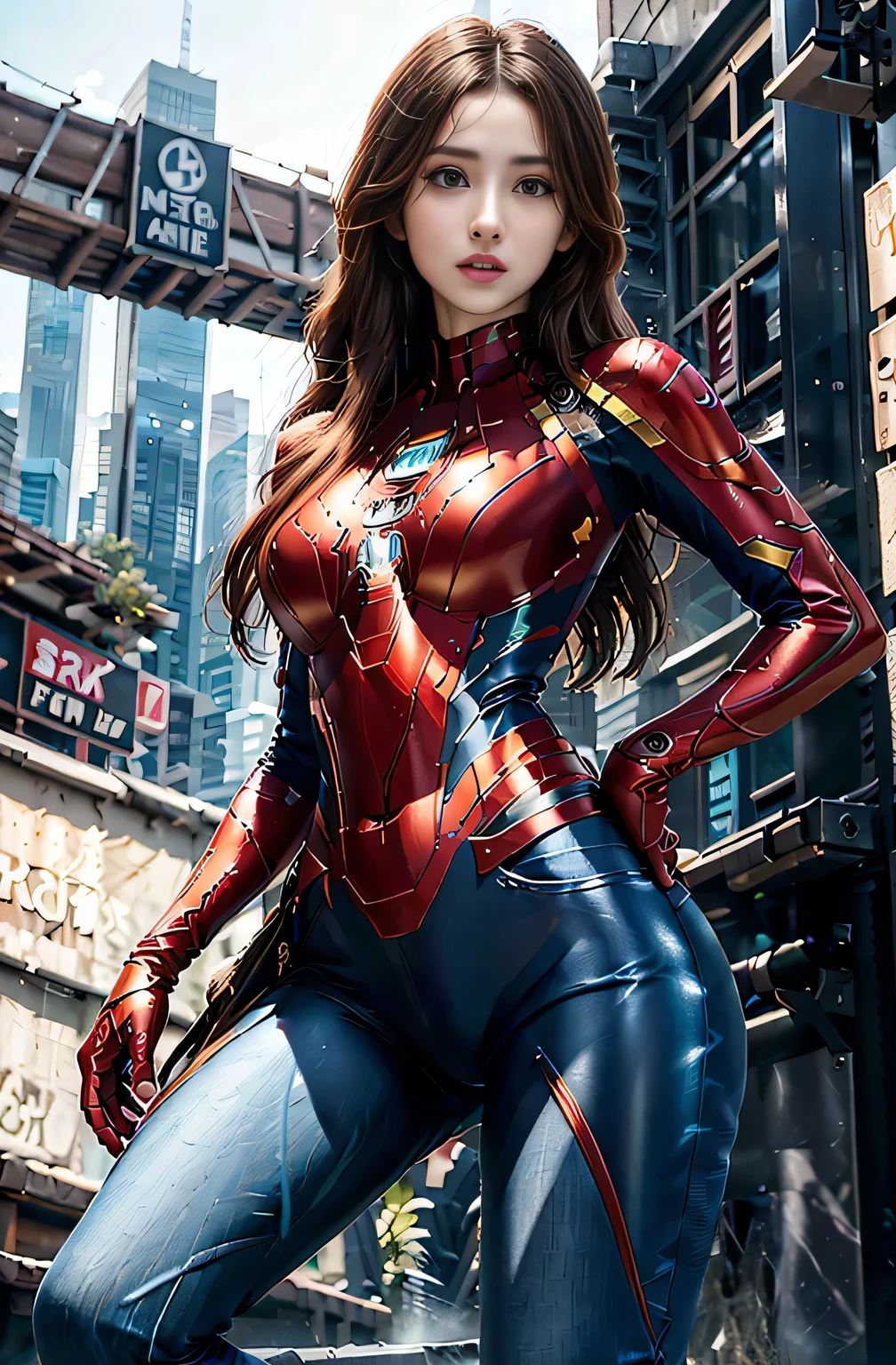 RAW, Masterpiece, Super Fine Photo,, Best Quality, Ultra High Resolution, Photorealistic, Sunlight, Full Body Portrait, Stunningly Beautiful, Dynamic Poses, Delicate Face, Vibrant Eyes, (Side View) , she is wearing a futuristic Iron Lady Spiderman costume, very detailed background, detailed face, detailed and complex busy background, messy, gorgeous, milky, high detailed skin, realistic skin details, visible pores, sharp focus, Volumetric fog, 8k uhd, dslr, high quality, film grain, fair skin, photorealism, lomography, sprawling metropolis in a futuristic dystopia, view from below, translucent