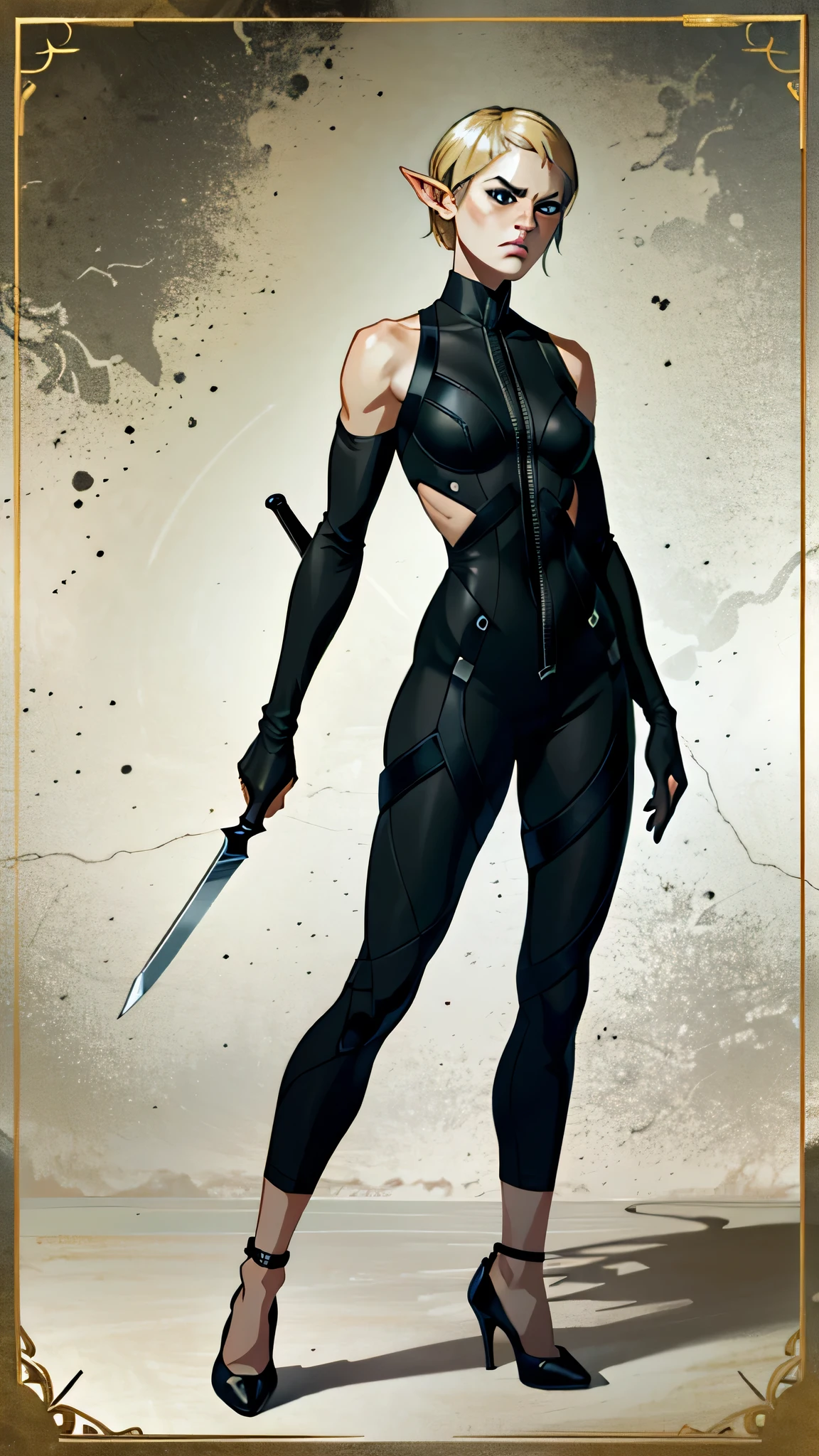 masterpiece, highest quality, RAW, analog style, a stunning photo of a Sera, 1girl, solo, blonde short hair, pointy ears, blue eyes, spy, ((black bodysuit)), ((wields knives)), gloves, heels, (highly detailed skin, skin details), full body view, sharp focus, 8k UHD, DSLR, high quality, film grain, Fujifilm XT3, frowning, intricately detailed, highly detailed, cluttered and detailed background