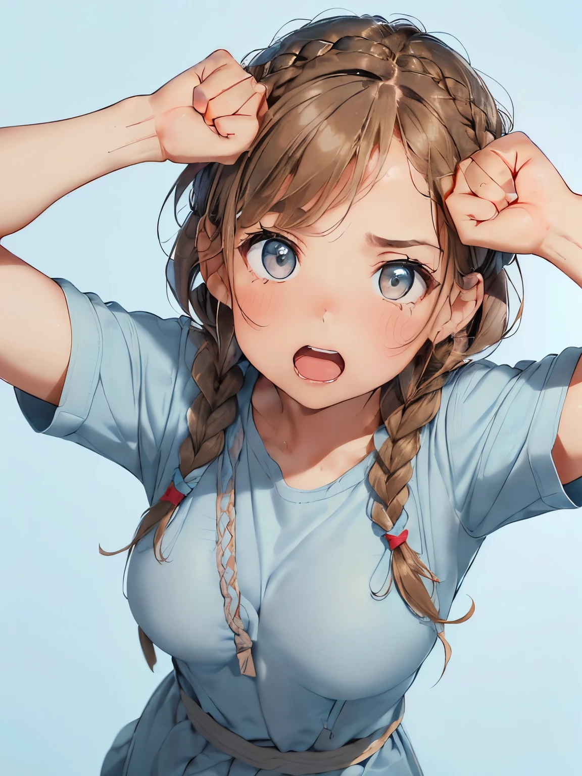 ((light brown hair)),((brown eyes)),((Braided shorthair)),((With bangs)),((fashion//Casual American coordinate:1.3)),((๐บ๐ธ:1.25)),((light blue dull background:1.35)),(blush),((screaming:1.2)),(close up of face:1.3),((look up:1.5)),((Angle from directly above:1.4)),((Raise your arms high and do a fist pump:1.4))