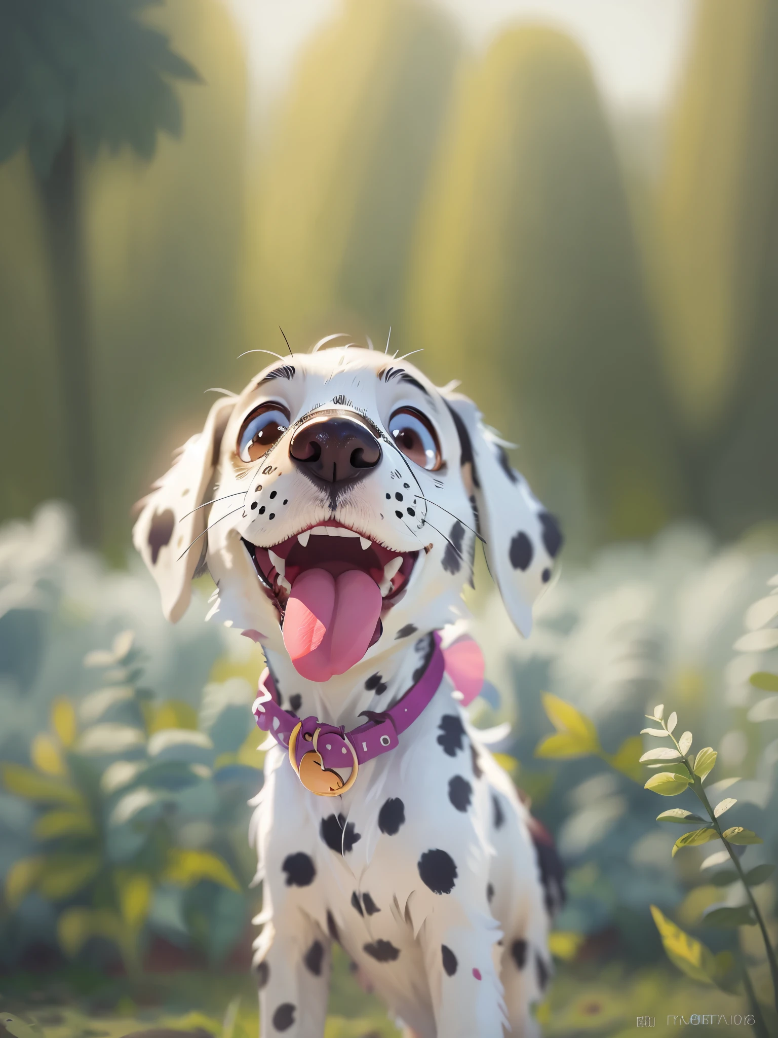 Front view of a cute Dalmatian dog,close up, Pixar style, best quality, stills, very cute, big eyes, sunny,Very happy, (masterpiece: 1.2) (actual: 1.2) (Bokeh) (best quality) (delicate skin: 1.3) (intricate details) (8k) (exquisite eyes) (sharp focus), (happy),