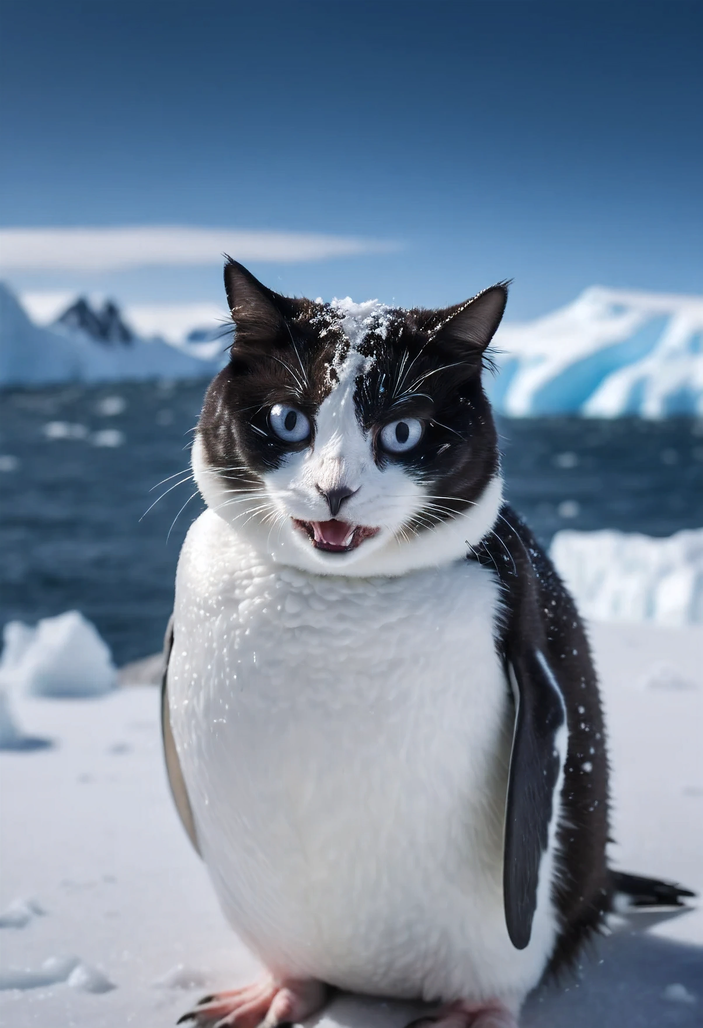 (hybrid:1.10) (penguin:0.95) (cat:1.05), (merge:1.1), in Antarctica, snowing, surreal happy photographic, realism pushed to extreme, fine texture, incredibly lifelike, cinematic, large format camera, photo realism, DSLR, 8k uhd, hdr, ultra-detailed, high quality, high saturation