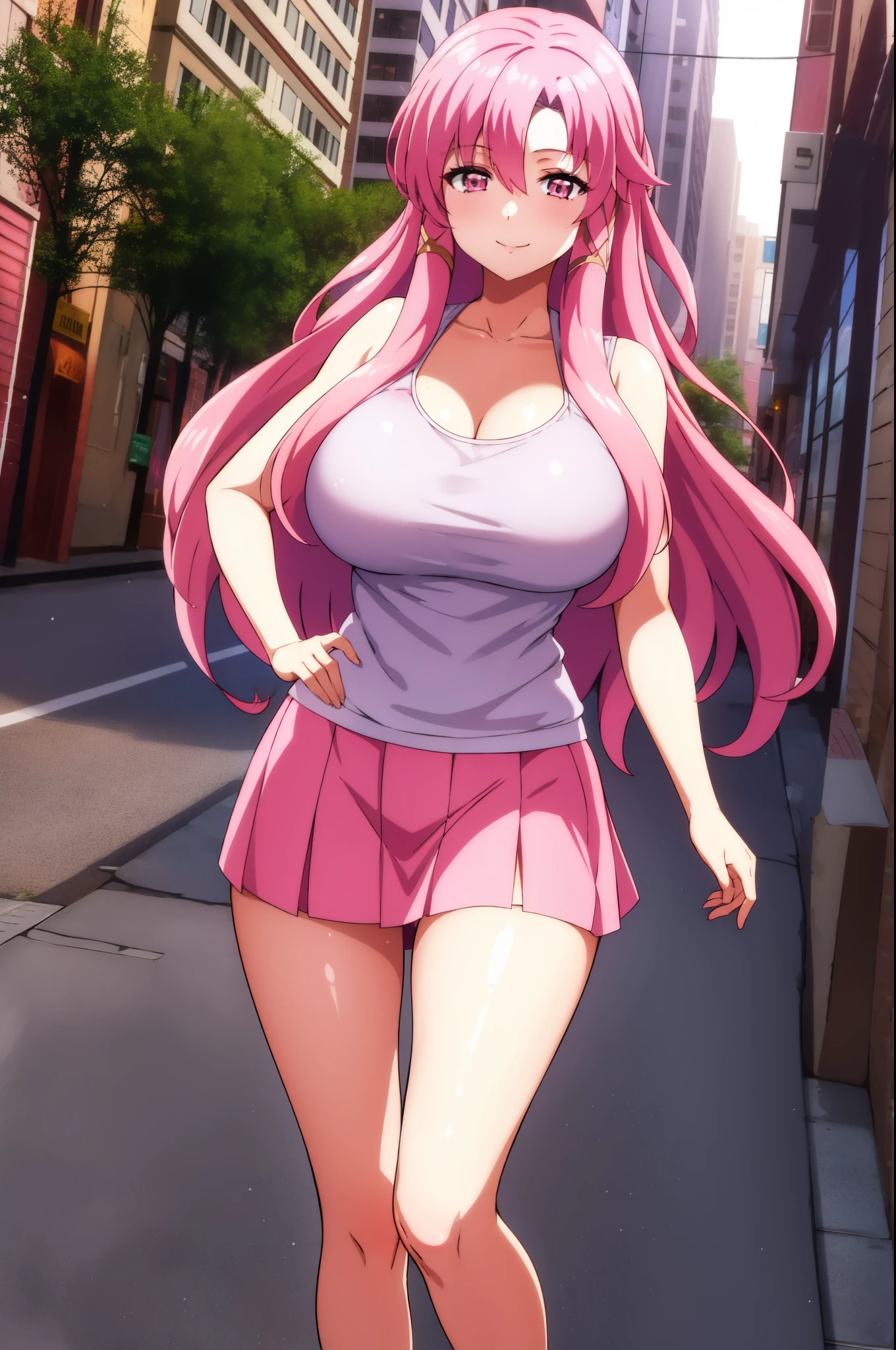 1 girl, pink hair, long hair, pink eyes, smile, ???? body, big ??????, HDR, 8K, stand in the center of image looking at you, in the city in the summer wearing a short skirt and a low-cut top