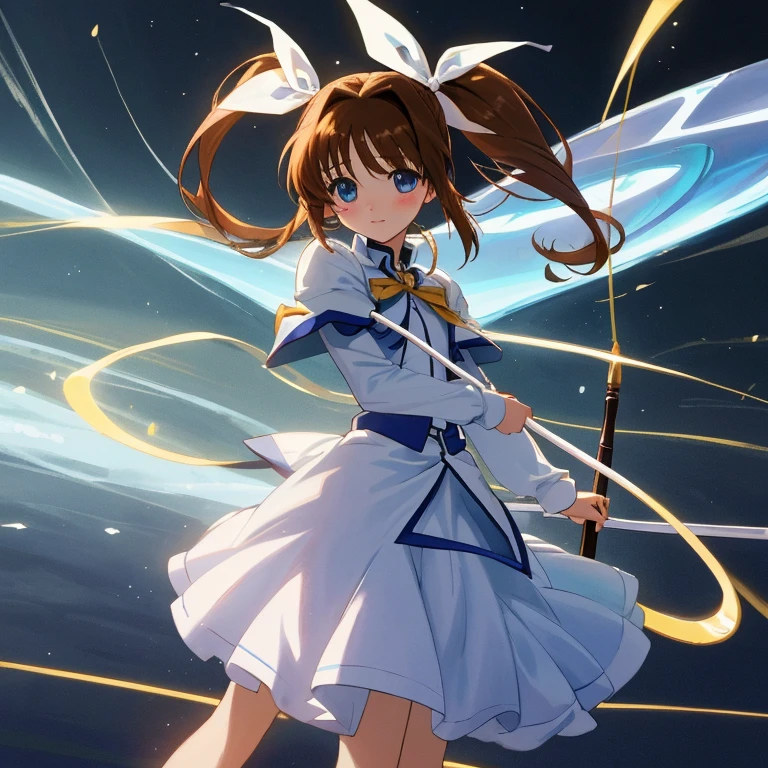 {{{{amazing quality, great quality, high quality, very aesthetic, aesthetic, best quality}}}}, 
realistic, photo, shadow, Three-dimensional, absurdres, Digital art, 
{{{magical girl lyrical nanoha}}}, {{{Nanoha Takamachi}}}, 11 years old, 
brown hair, medium hair, shiny hair, twin tails, white ribbon, 
blue eyes, big eyes, round eyes, tareme, 
{{flat chest}}, {{small breasts}}, {{detailed body}}, slim thighs, thin thighs, 
barrier jacket, long skirt, long sleeves, bulging shoulders, {A magic wand named "Raging Heart"}, 
{{{{Magical girl}}}}, beautiful girl, one girl, cute, pretty, lovely, charming, teenage, kawaii, younger sister, 