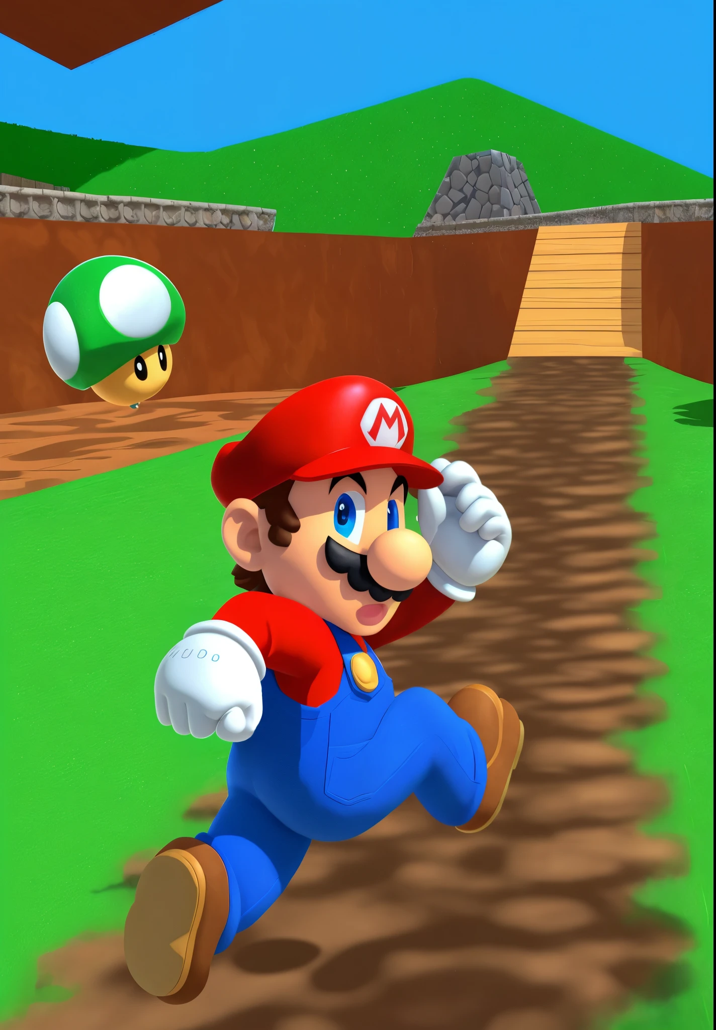 un primer plano de una nintendo mario corriendo en un campo, Super Mario 6 4, Super Mario 64, a bot in the game Super Mario 64, N64 Graphics, n 6 4 Graphs, Mario Dabbing, Nintendo 6 4 captura de pantalla, Nintendo 64 captura de pantalla, n64, n 6 4, inspirado por Mario Dubsky, Mundo Mario, hongo verde, estilo anime