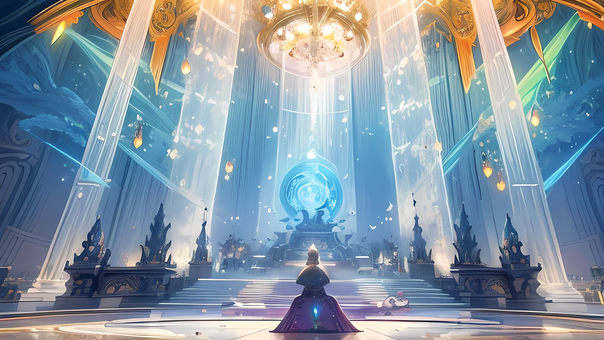 8k_wallpaper, (large masterpiece digital art), (detailed manga illustration), (detailed line art), (intricate details:1.3), (ultra-detailed:1.3), (illustration:1.3), (sharp focus:1.3), (natural lighting:1.05), (vivid colors:1.3), (masterpiece), best quality, Picture a gothic masterpiece crafted from living crystal, adorned with intricate, glowing runes that shimmer with Eldertide energy. The castle stands tall against a backdrop of an extensive, mystical forest, where crystal spires reach towards the iridescent sky. The sky itself dances with a myriad of colors, creating an otherworldly atmosphere. Chibi minions stand guard or engage in various tasks around the castle, adding a touch of whimsy to the enchanting scene. The image should capture the magical essence of Penny's realm and showcase the harmonious blend of gothic architecture and fantastical elements.