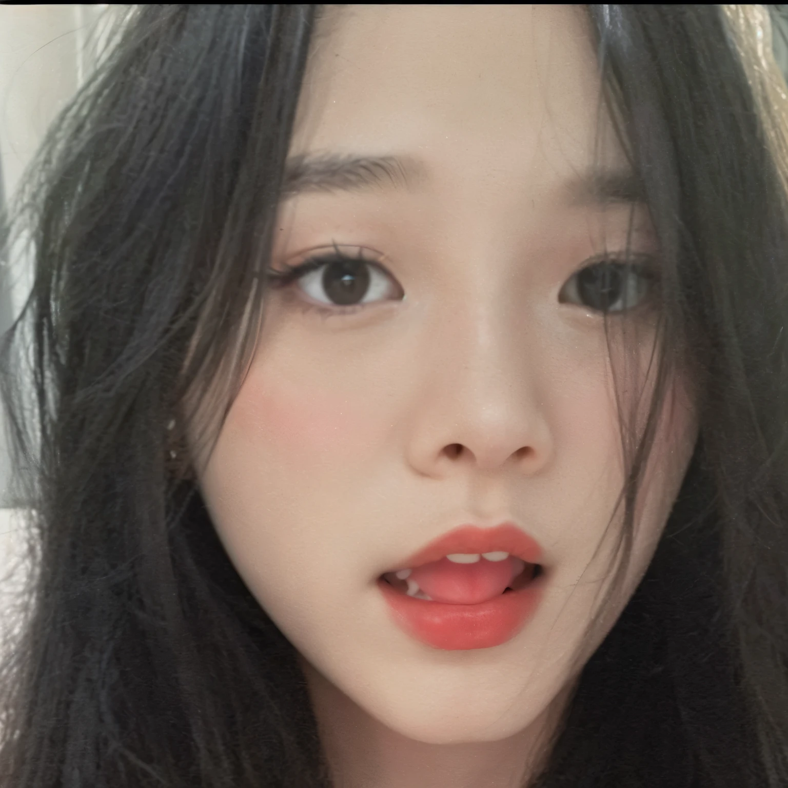 there is a woman with long black hair and a red lipstick, blackpink jennie, ulzzang, small heart - shaped face, wan adorable korean face, portrait jisoo blackpink, jisoo from blackpink, yanjun chengt, jinyoung shin, with very thin lips, pale round face, young cute wan asian face, asian face, jaeyeon nam, detailed face of a asian girl