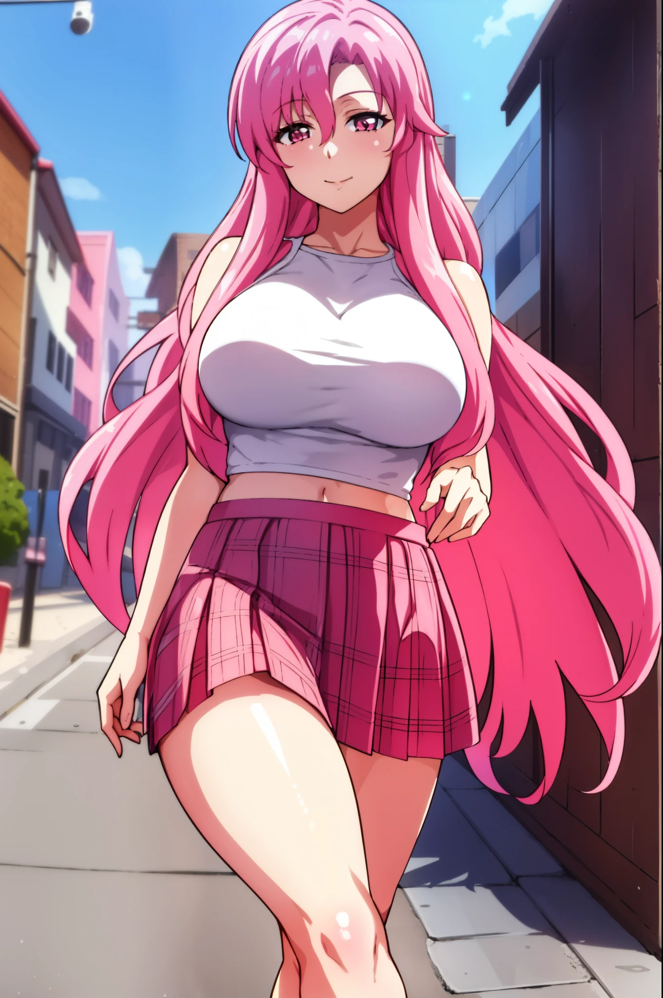 1 girl, pink hair, long hair, pink eyes, smile, sexy body, big breast, HDR, 8K, stand in the center of image looking at you, in the city in the summer wearing a short skirt and a low-cut top