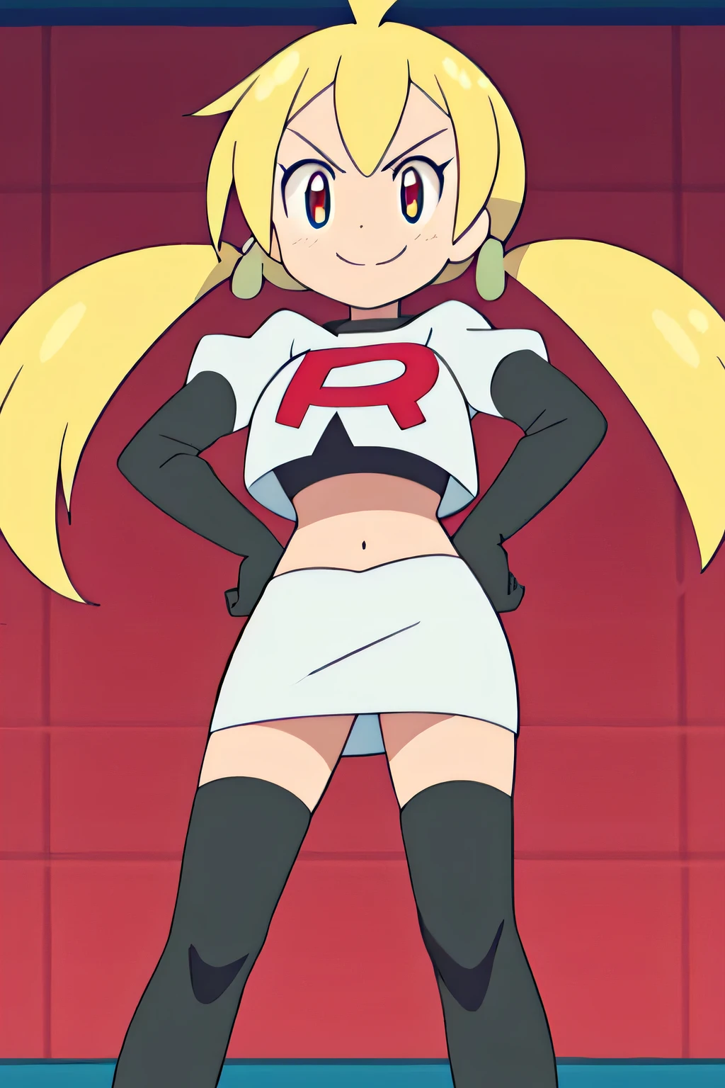 1girl in, (Solo:1.2), (Perfect body:1.1), (Best Quality:1.1), Cute Girl, Tsundere:1.1, (student clothes:1.4), (tiered layers skirt:1.2), very large breast, a blond, Long twintails, Black Ribbon Hair Fastening, Tsuriformes, sharp eye, Sanpaku eyes, (Seductive smile:1.5), Noble atmosphere, Fine-grained skin, (Choker with a cross:1.1), View of the valley, Navel Ejection, Raw feet, a belt on the thighhigh, Bright red eyes, Shining eyes, (NSFW:0.8), 8K, a belt on the thighhigh, Skinny Legs, School grounds with grass, full body seen, (Looking down here:1.2), (Loose socks:1.3), I don't have anything in my hands, No one around, hands on hip,team rocket uniform, red letter r, white skirt,white crop top,black thigh-high boots, black elbow gloves, glaring angrily, looking at viewer, hands on hips, full body seen