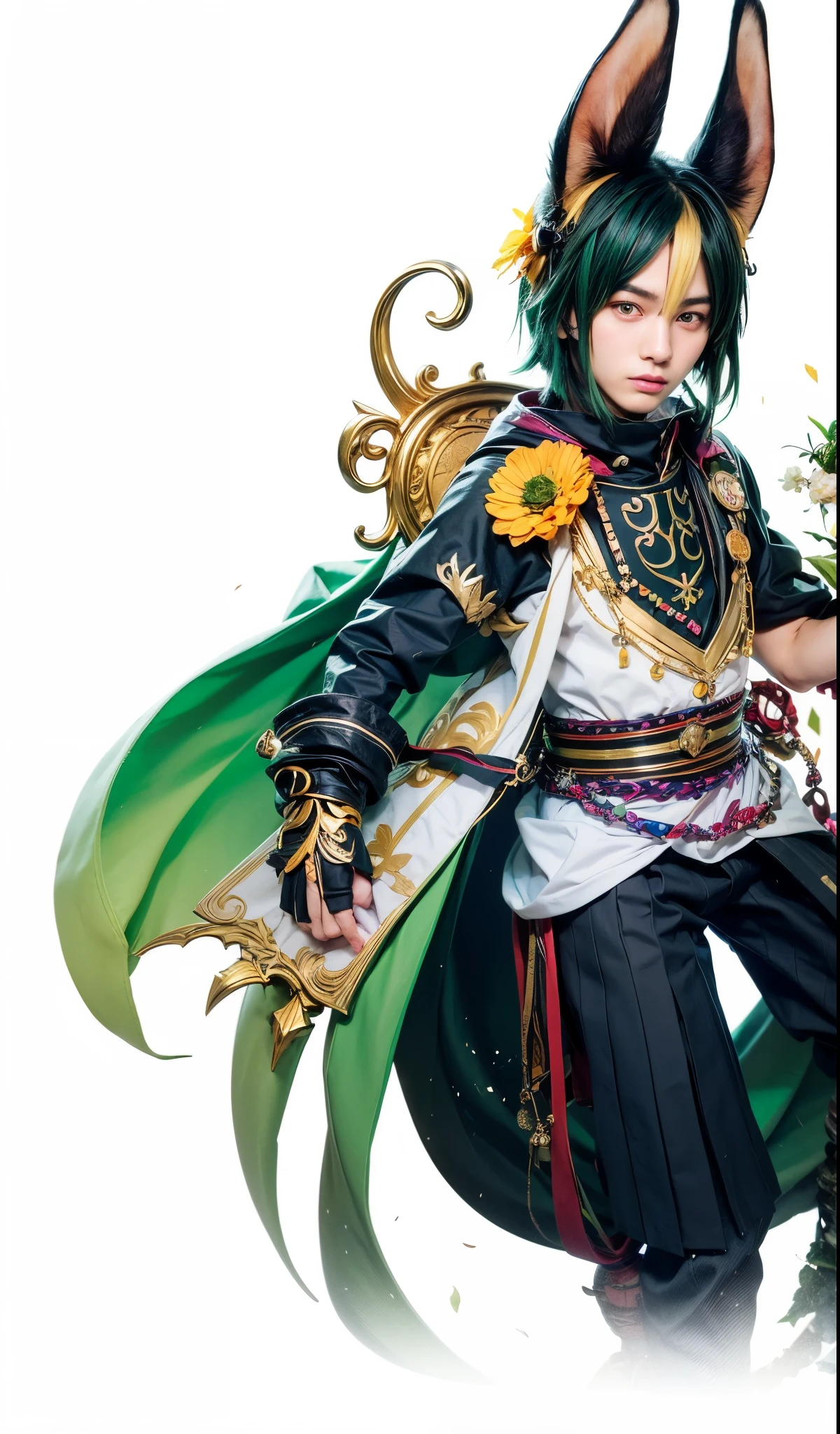 Tighnari, genshin impact, sumeru, male, girly boy, age, black green hair with rabbit ear, green eyes, dark green outer, white inner, black trouser, yellow flower on chest, orange glove, green cape, gold realm, black arm decker, rabbit ear
