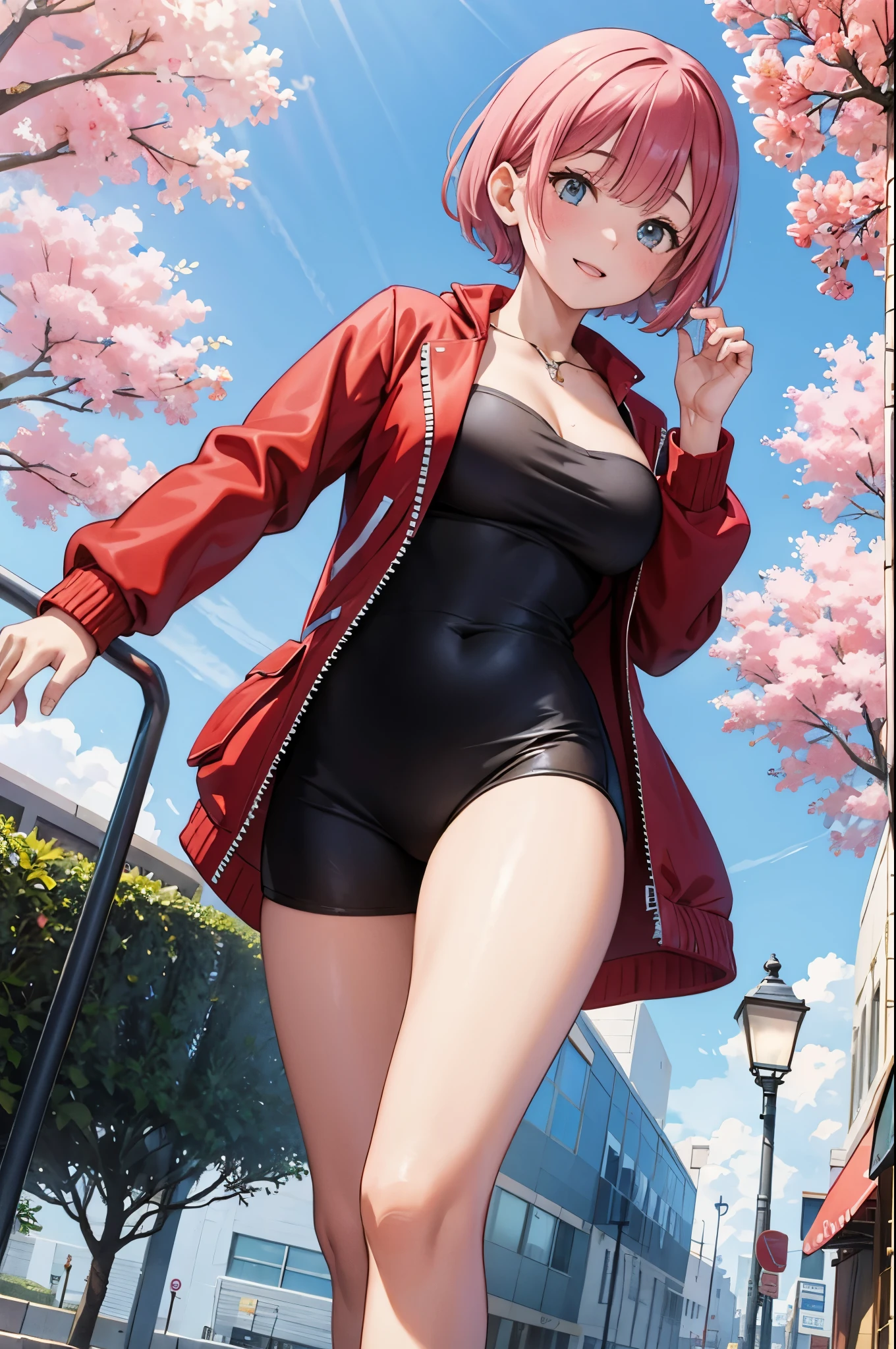 1 girl, body, sexy girl, wearing leggings, red jacket, big breasts, delicate face, short hair, beautiful smile, cherry blossom background, temple background