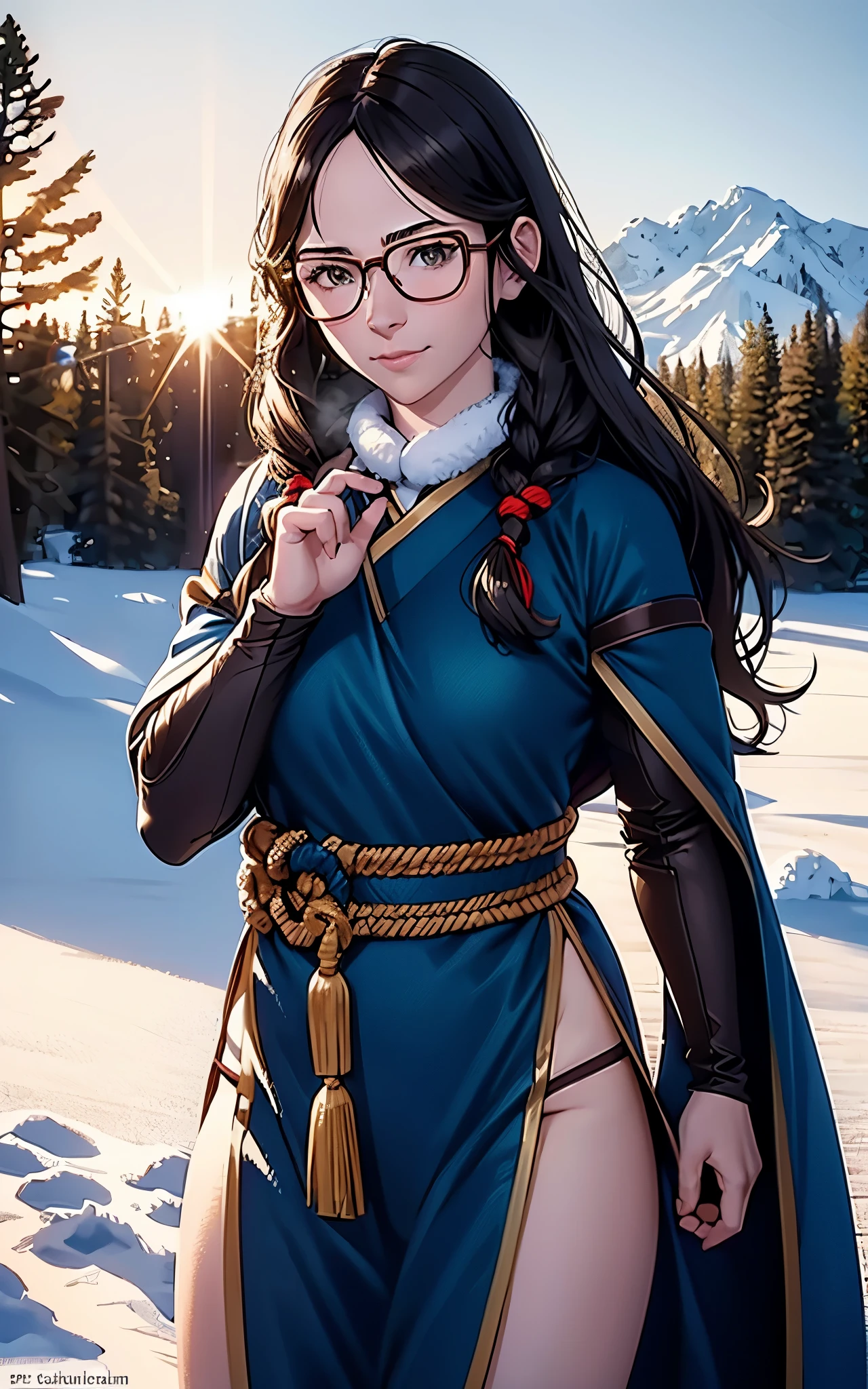 Young ainu woman with the face of (Gal Gadot:Evangeline Lilly), (looking at viewer, light smile, ), brown hair, brown eyes, long hair, hair_flying, Fluttering hair, flying_hair, ((Transparent glasses, glasses, glasses_on_nose)), ((traditional ainu clothes)), sexy, charming, stunning, enhance, delicate, (pale skin, real_skin), sunlight, Winter, snow, Hokkaido, outdoor, best quality, high quality, highres, 8k, photo realistic.