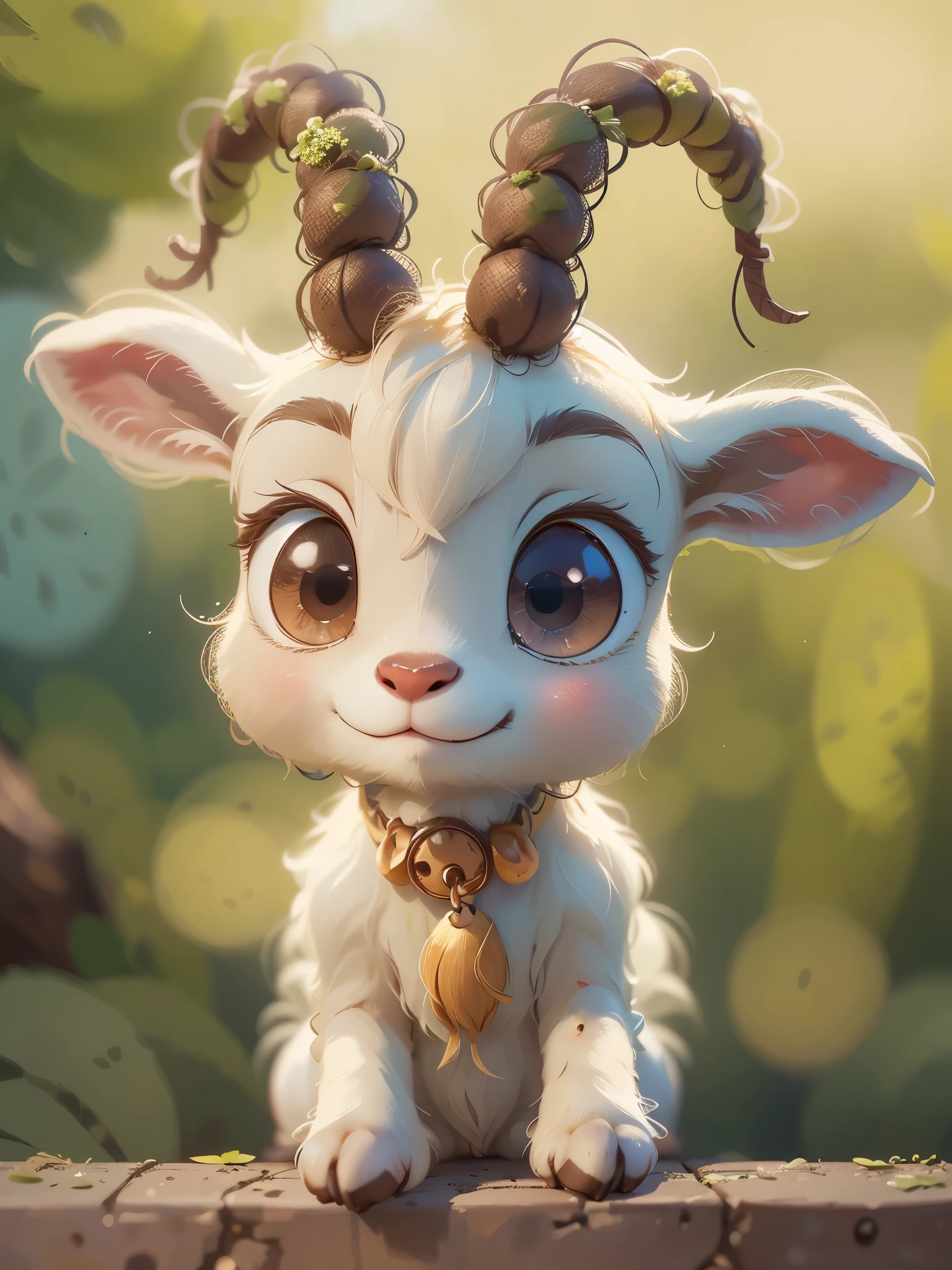 a cute little goat，front view，close up, Pixar style, best quality, stills, very cute, big eyes, sunny，Very happy， (masterpiece: 1.2) (actual: 1.2) (Bokeh) (best quality) (delicate skin: 1.3) (intricate details) (8k) (exquisite eyes) (sharp focus), (happy)，