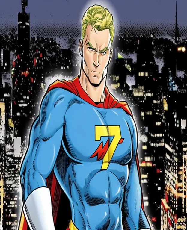 Um homem com uma fantasia de Superman em frente a uma cidade, Homelander from the boys, Ethan van Sciver, Homelander, inspirado em Alan Davis, middle aged bald superhero, personagem de quadrinhos, boys tv show superhero, Dale Keown e Van Sciver, 90s personagem de quadrinhos design, inspirado em Dave Gibbons