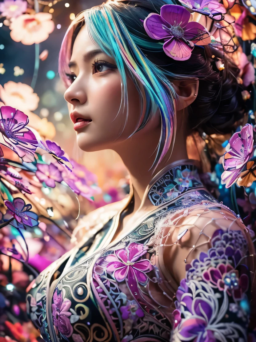 ((masterpiece、highest quality、genuine、Super detailed、High resolution、photogenuineistic、sharp focus、cinematic lighting))、Portrait of an amazingly beautiful woman、3/5 shots、official art、緻密で対称的なgenuineな顔、High resolutionの自然な質感、intricate details、multicolor、Highly colored、超genuineなテクスチャー、dramatic lighting、look at the audience、((Abstract fractal art background、zentangle、colorful、Floral))、(dynamic pose)、flower cheongsam dress、detailed hand drawing、shiny skin