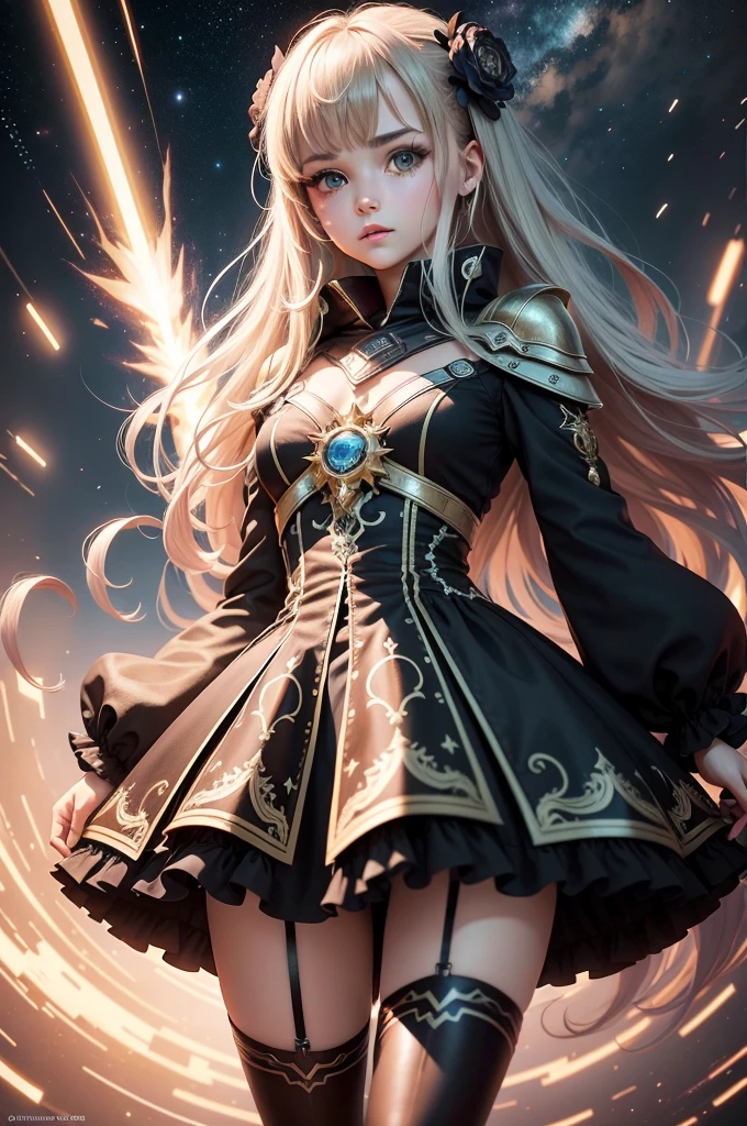 （tmasterpiece，top-quality，best qualityer，offcial art，Beauty and aesthetics：1.2），（1girll），extremy detailed，（s fractal art：1.3），rich colourful，highest details，s the perfect face，The upper part of the body，HDR，（DOA：1.3），，galaxias，（light stre），striking visual effects，（dynamic streaks，Luminous trajectory：1.2），vivd colour，Superskirt，Harnes