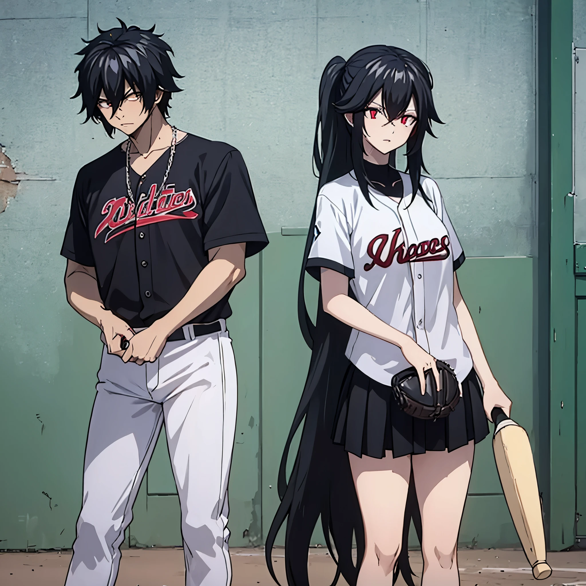 a man and a woman black baseball uniform (eye red) playing baseball together
