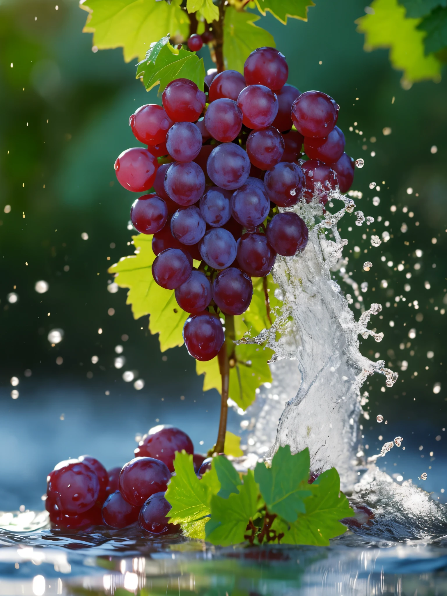 Grapes, water splash, glitter particles, depth of field, clean background