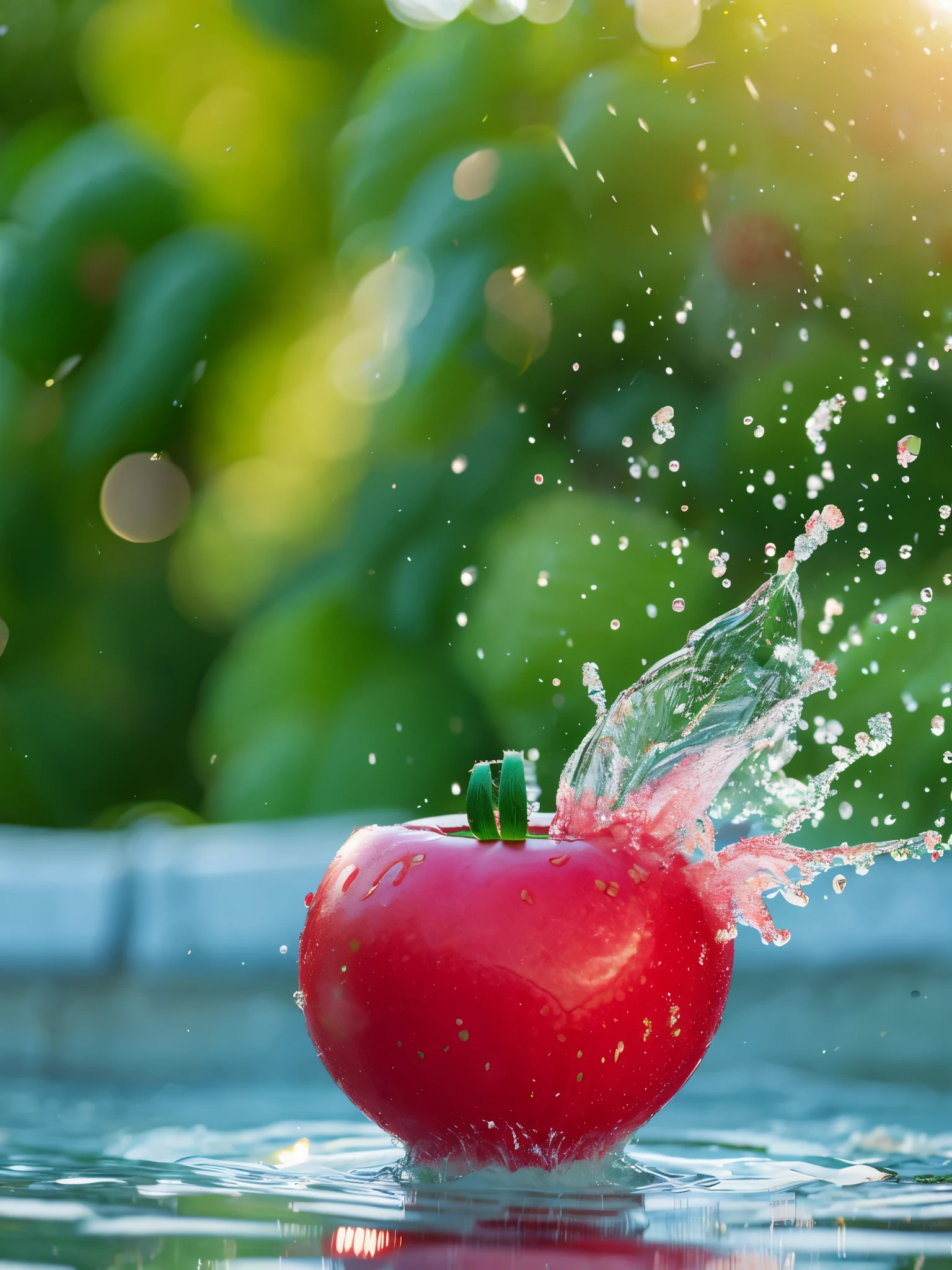 Watermelon, water splash, glitter particles, depth of field, clean background