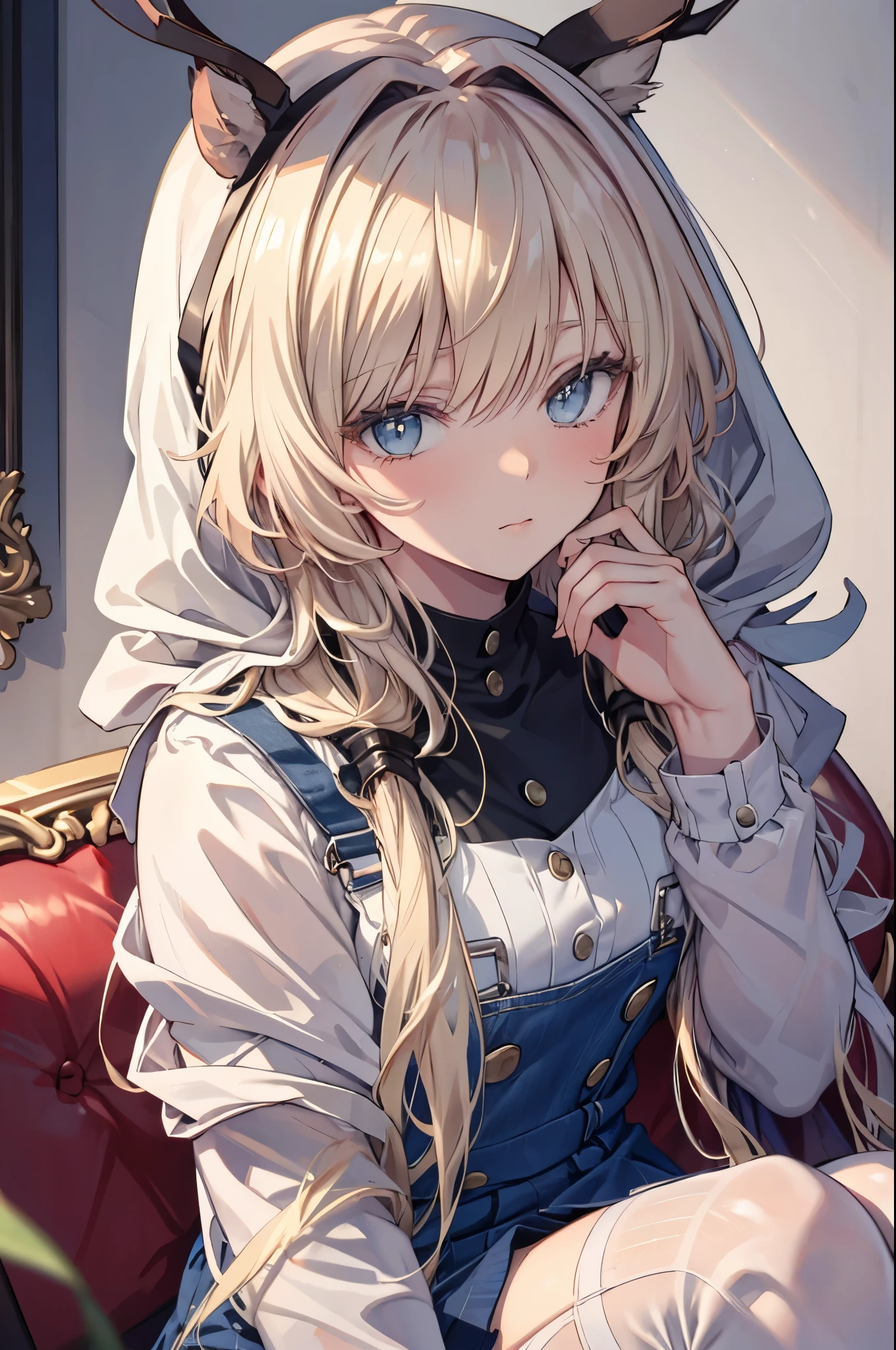 +masterpiece, best quality, super detailed, A schoolgirl, pretty face, Rich details, (long white hair), perfect face, Coveralls, sitting, close up, Shabby sofa