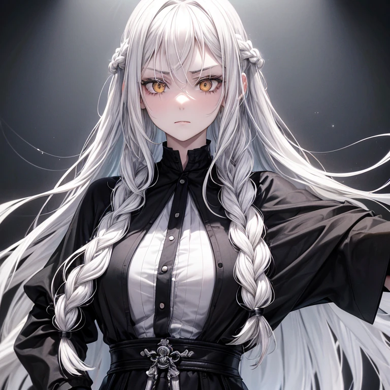 highres, highest quallity, illustration, cinematic light, ultra detailed, detailed face, (detailed eyes), best quality, hyper detailed, masterpiece, (detailed face), white hair, purple eyes, highest details, luminous eyes, (medium breats), black halo, white clothes, backlighting, (midriff:1.4), light rays, (high contrast), (colorful), mature female,