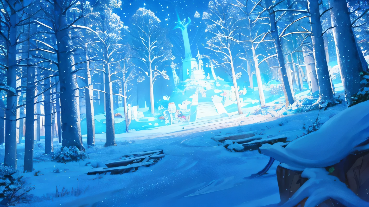 cartoonish style，enchanted forest，bright，Sky，snow，winter