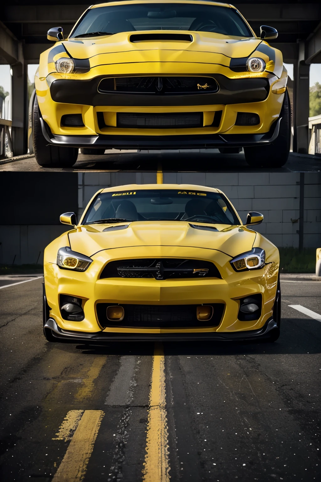 a close up of a yellow car parked in front of a bridge, wide body, soft color dodge, slick design, yellow and black, yellow, muscle cars, black and yellow, full view of a car, black and yellow scheme, tunning, glossy yellow, gtr xu1, racecar, yellow theme, modified, monochromatic, masterpiece work of art