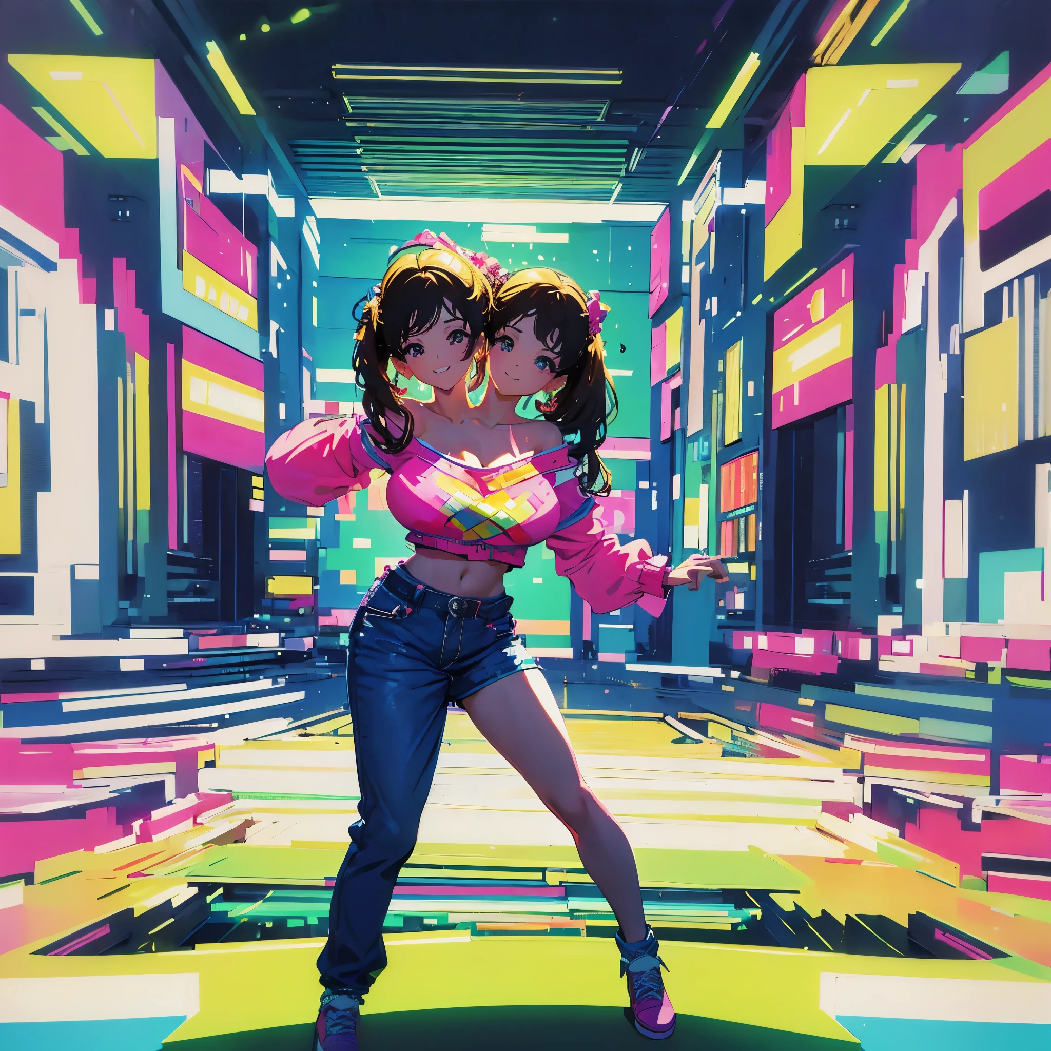 (masterpiece, best quality), best resolution, (2heads:1.5), 1girl, dancing, happy, vaporwave, 1980s CD cover