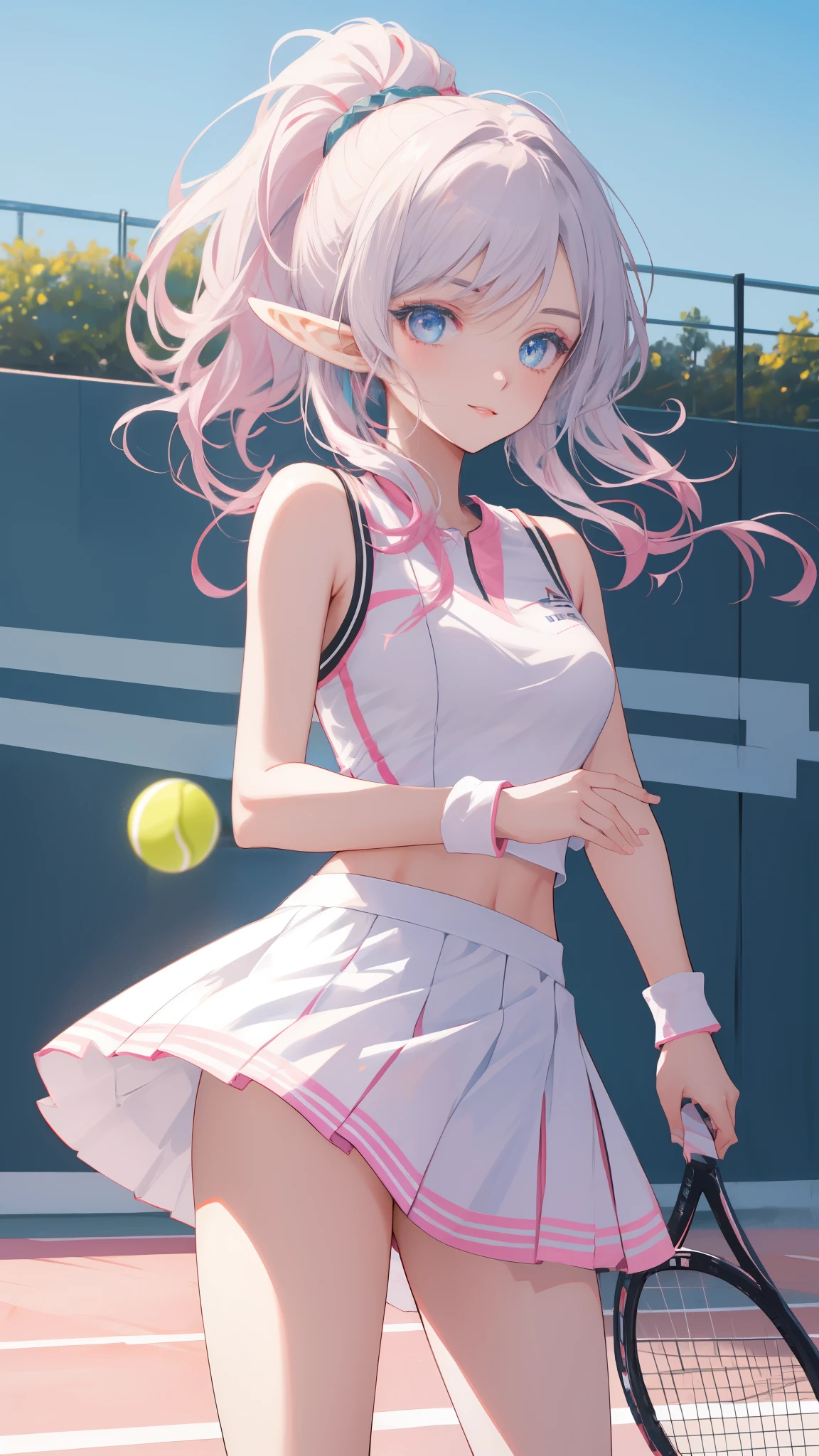 ((masterpiece)), (top quality), (best quality), ((ultra-detailed, 8k quality)), Aesthetics, Cinematic lighting, pastel colors, cute colors, Pop colors, blured, color core, Soft, vibrant color, ((pastel)), (clear line art), absurdres, (best composition), (high-resolution), (depth of field:1.2), 
BREAK,
Anime art of elf girl, tennis, (tennis girl), tennis dress, tennis skirt, cap, outdoors, sunny, (tennis racket), young girl, beautiful girl, happy, stunning detail, detailed environment, trending on artstation, ray-traced environment, Niji Style, cinematic dramatic atmosphere, 
BREAK,
highly detailed of (elf), (1girl), solo, perfect face, details eye, ahoge, ponytail, white shining hair, (forehead), medium hair, [[floating hair]], blue eyes, shining eyes, (beautiful detailed eyelashes, eyeshadow, pink eyeshadow), smile, Concept art by Mikimoto Haruhiko, by Kawacy, By Yoshitaka Amano,
BREAK, 
((perfect )), (perfect body), Abs, (medium ), perfect hands, perfect face, beautiful face, beautiful eyes, perfect eyes, (perfect fingers, deatailed fingers), correct , perfect legs, skinny, Perfect Racket tennis, intrincate detail Racket, 1racket tennis,
