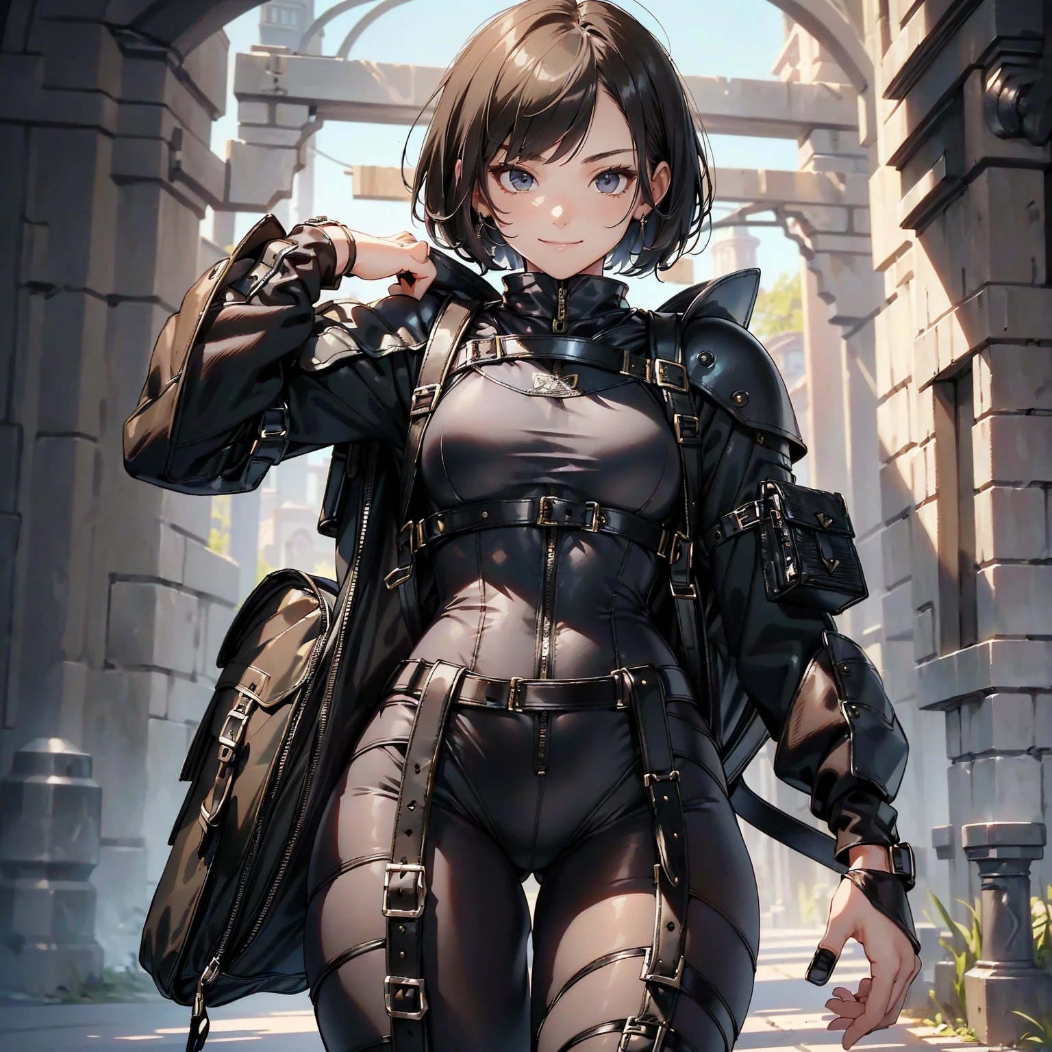 (masterpiece、highest quality、highest resolution、clear_image、detailed details): (whole body、18 year old female fighter,Slender、small face、black super bob short hair、Shiny black tight combat uniform,tight suit、Gentle smile、Backpack)